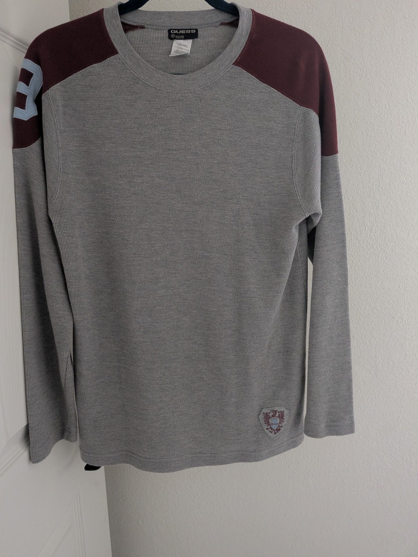 GUESS Long Sleeve Waffle Knit Shirt Grey Burgundy 5