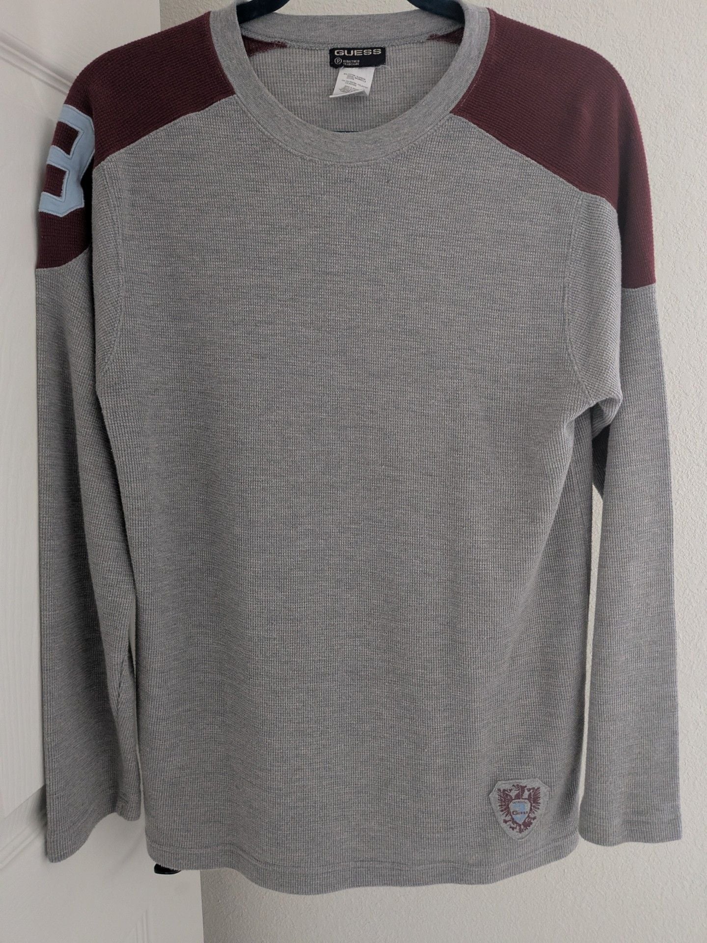 GUESS Long Sleeve Waffle Knit Shirt Grey Burgundy 6