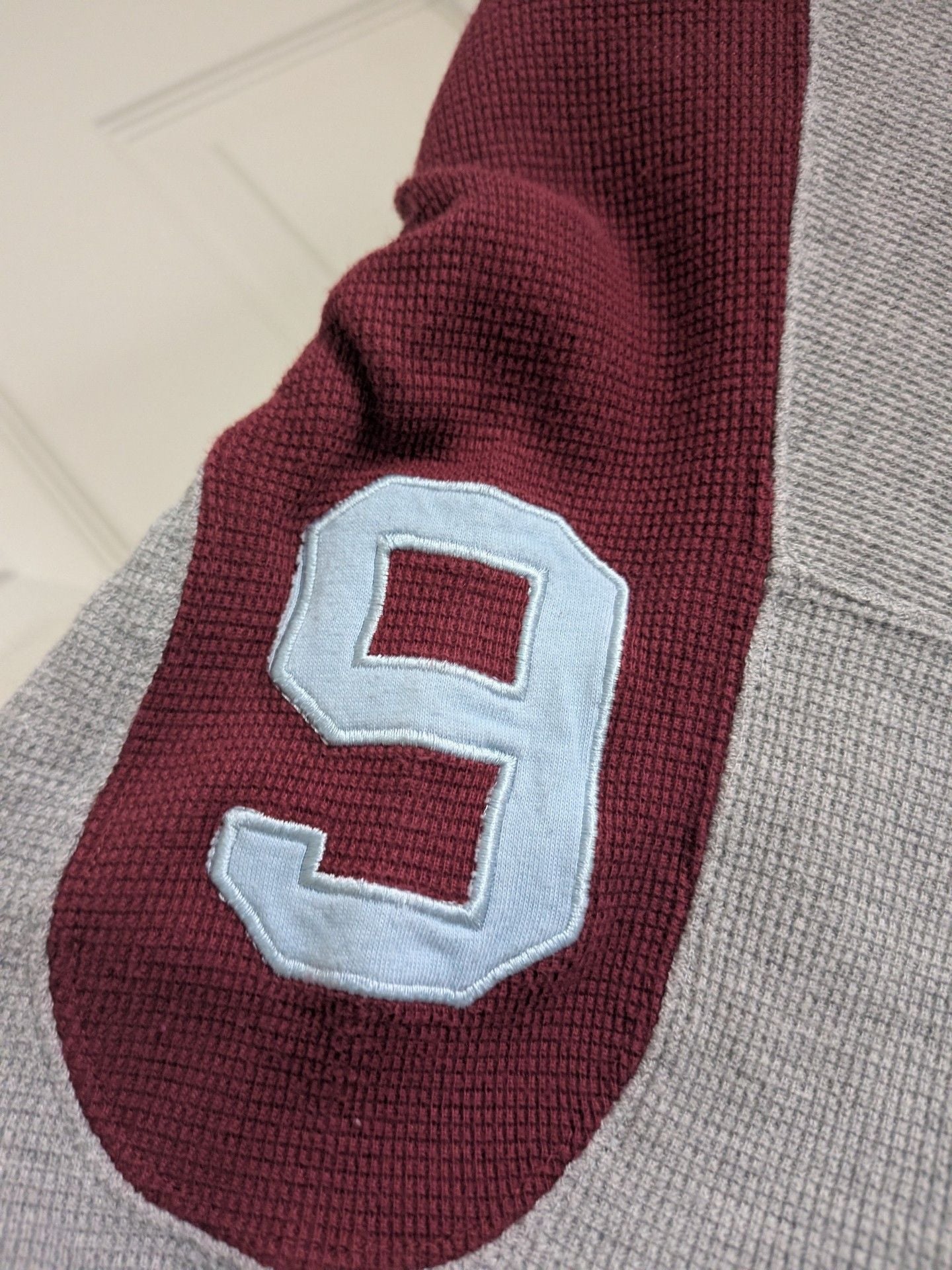 GUESS Long Sleeve Waffle Knit Shirt Grey Burgundy 7