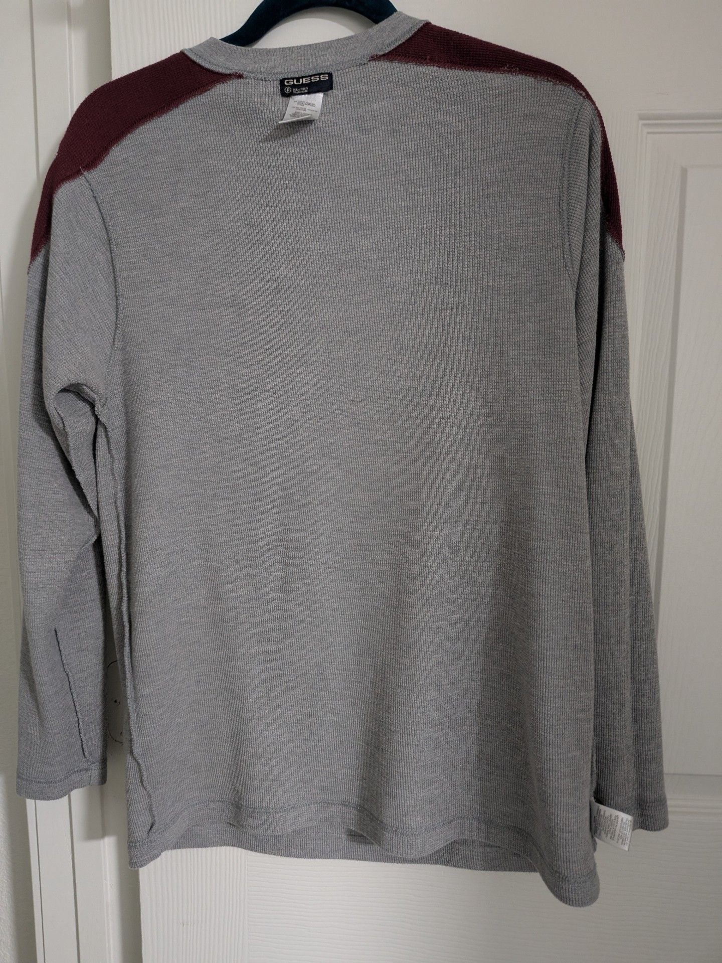 GUESS Long Sleeve Waffle Knit Shirt Grey Burgundy 11