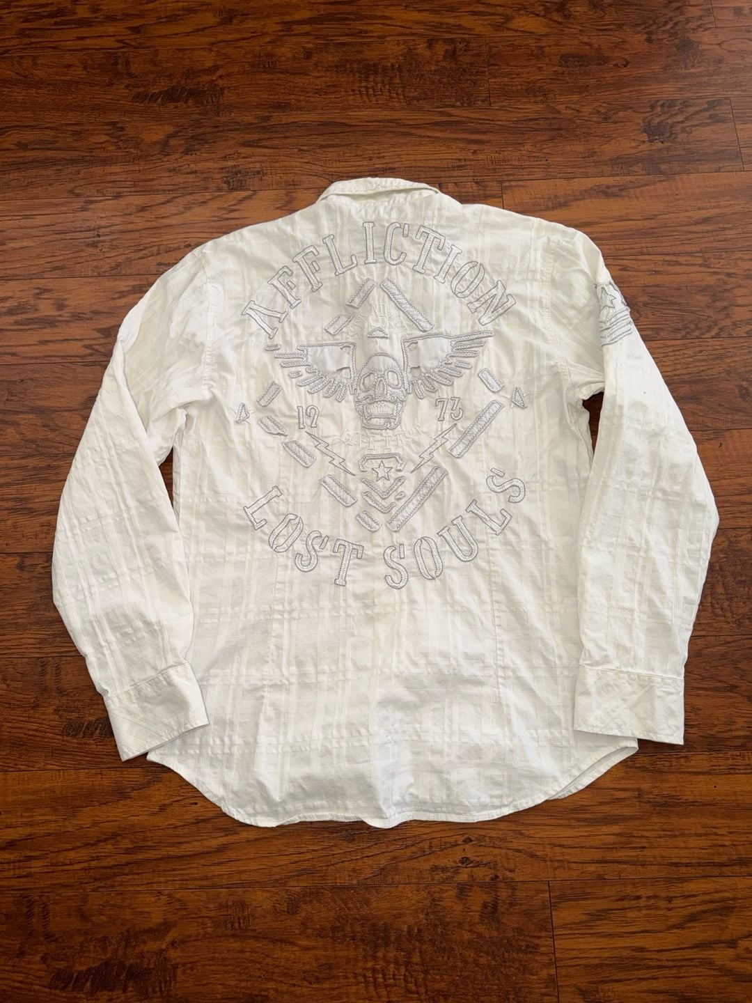 Y2K vintage Affliction Lost Souls Button Down Shirt White Embroidered Long Sleeve 7