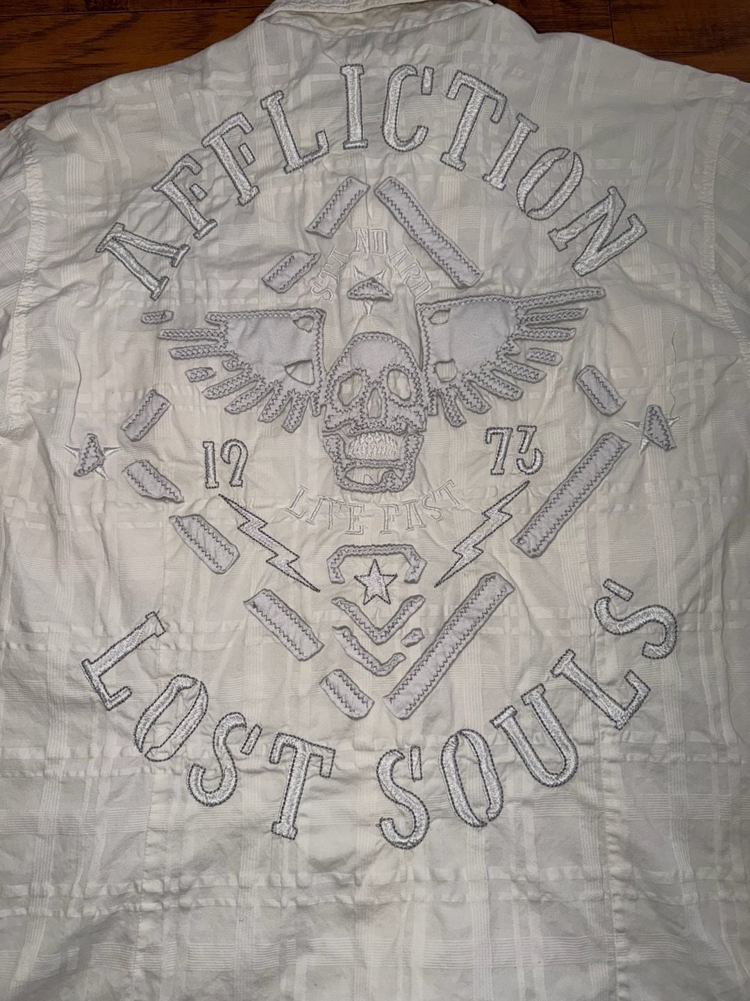 Y2K vintage Affliction Lost Souls Button Down Shirt White Embroidered Long Sleeve 8
