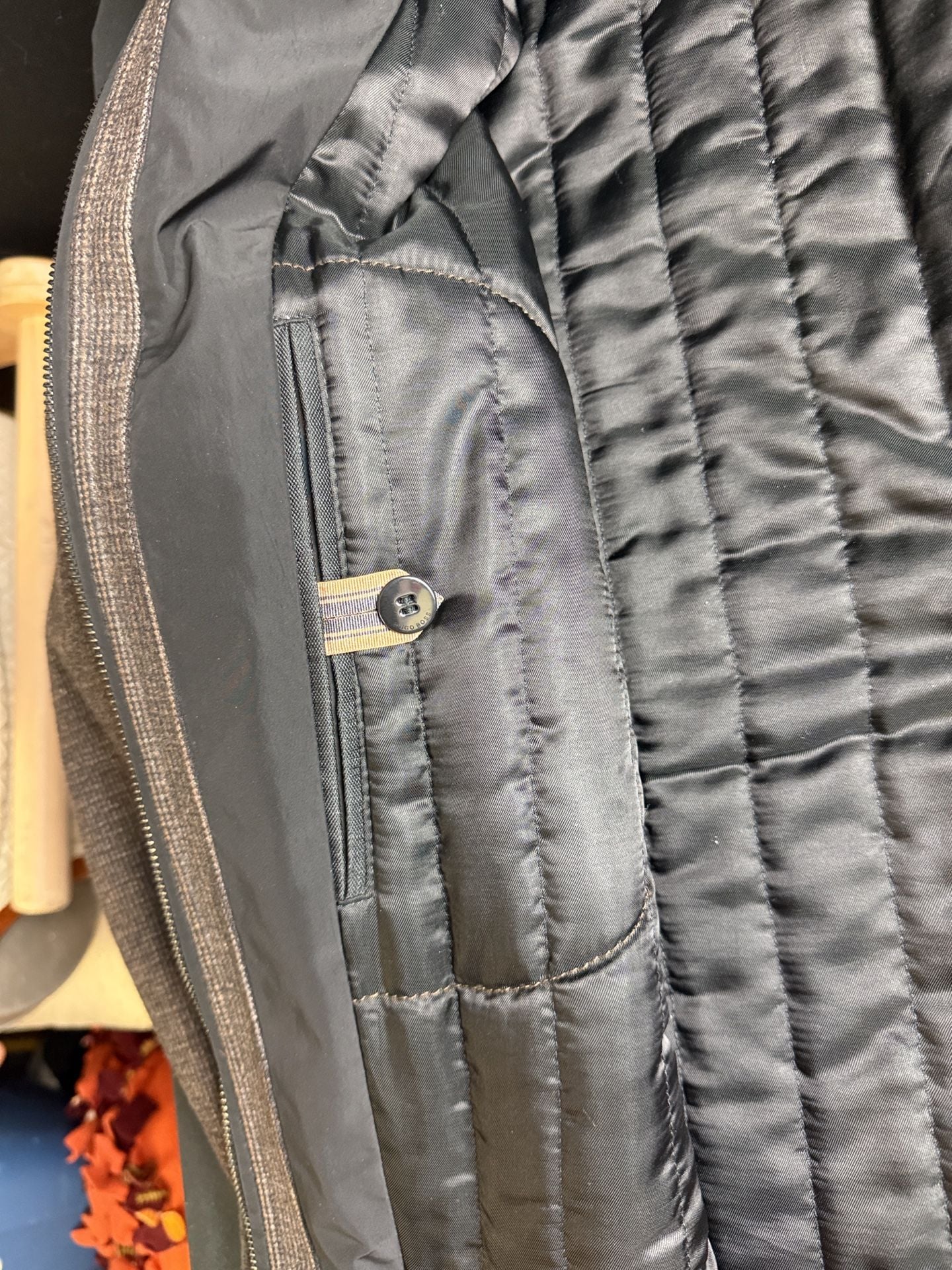 Hugo Boss Car Coat Size 44R Brown Quilted Wool Blend Removable Bib Jacket 8