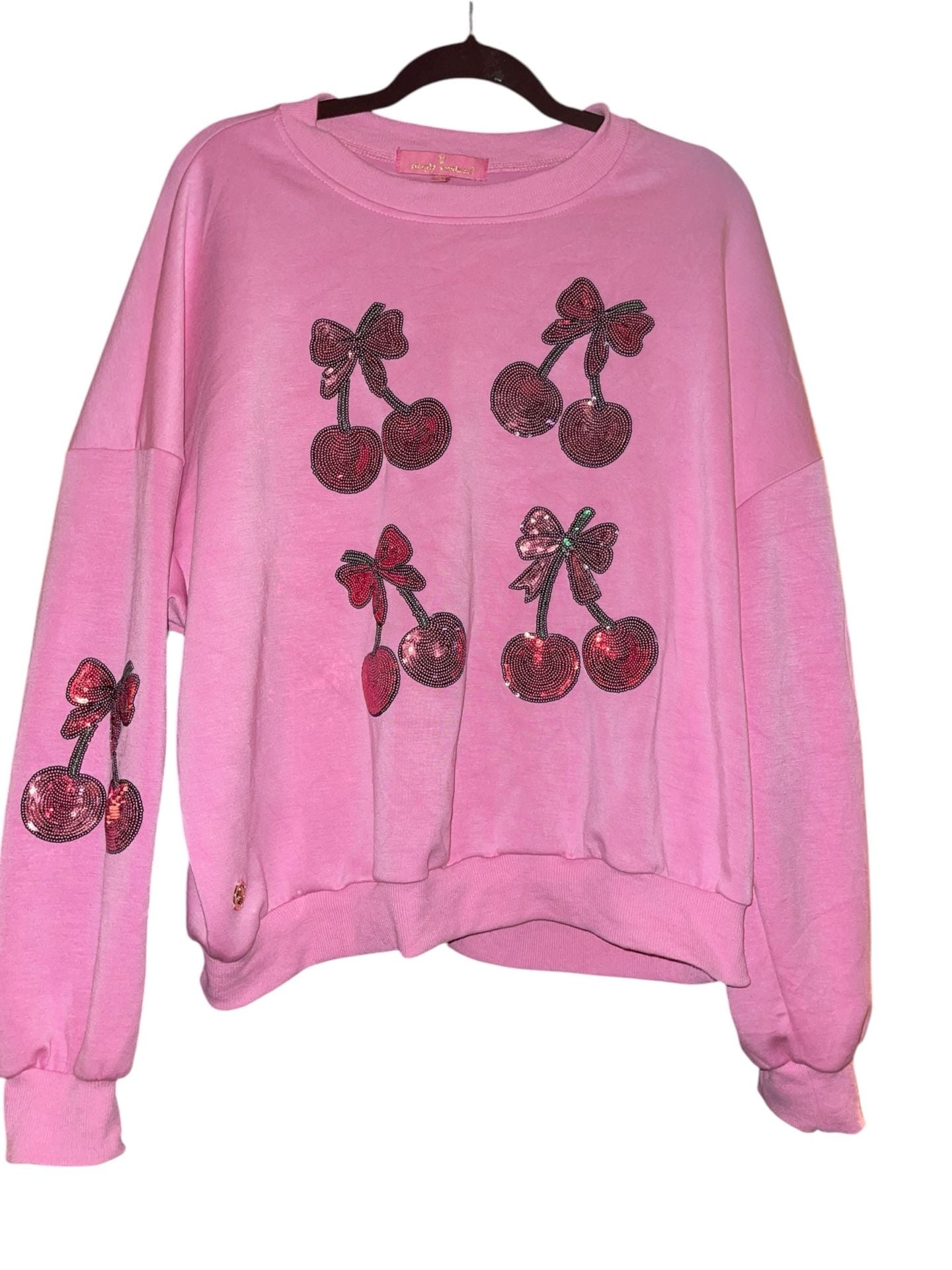 Simply Southern XL Pink Sequin Cherry Sweatshirt Coquette Bow Girly Crewneck 3