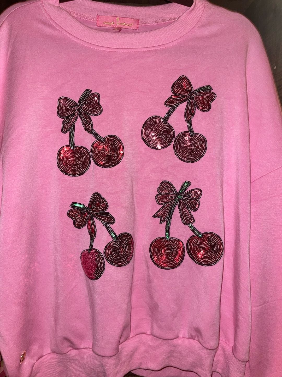 Simply Southern XL Pink Sequin Cherry Sweatshirt Coquette Bow Girly Crewneck 7