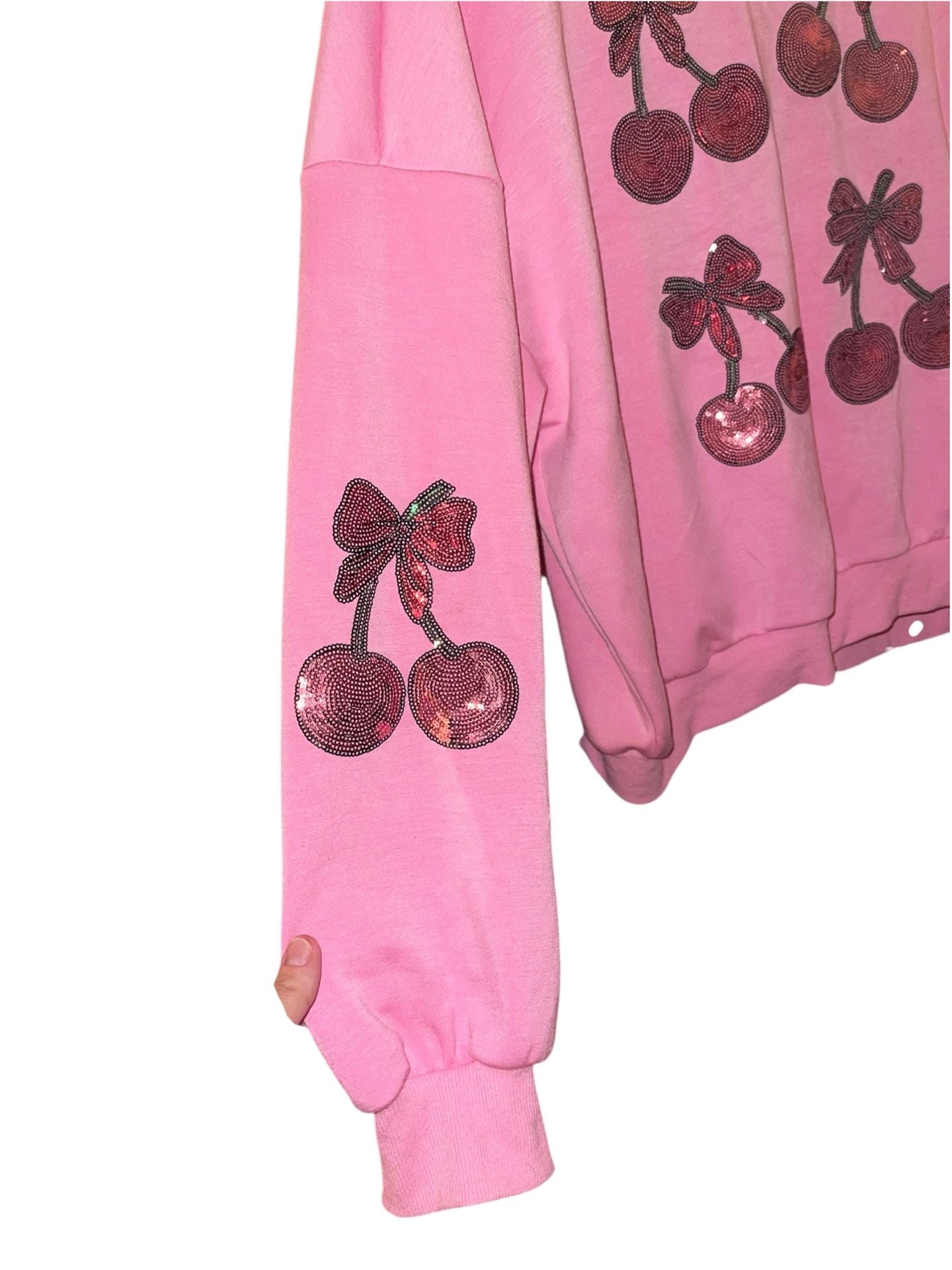 Simply Southern XL Pink Sequin Cherry Sweatshirt Coquette Bow Girly Crewneck 9
