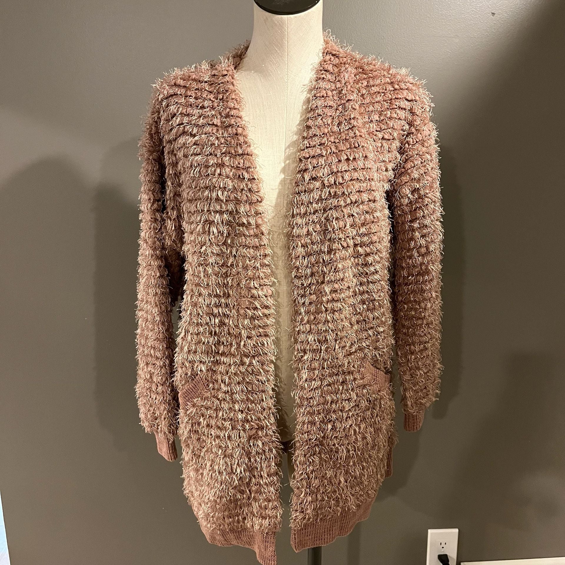 Knox Rose Open Front Fuzzy Cardigan Size S Pink Shaggy Pockets Sweater 2