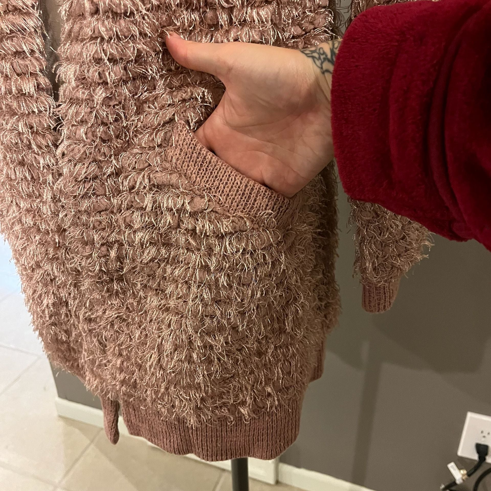 Knox Rose Open Front Fuzzy Cardigan Size S Pink Shaggy Pockets Sweater 3