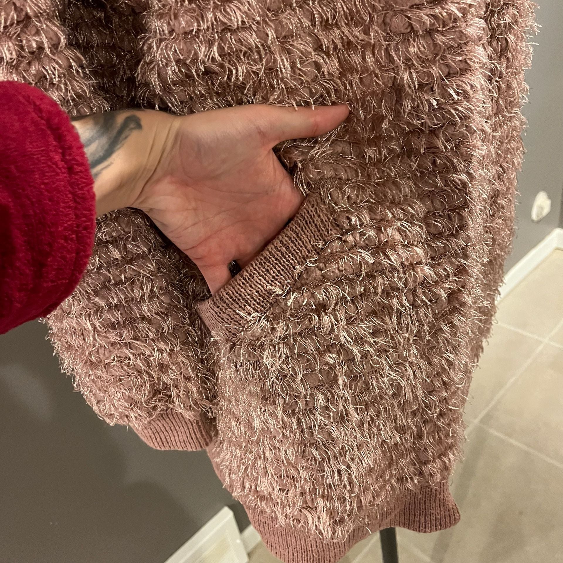 Knox Rose Open Front Fuzzy Cardigan Size S Pink Shaggy Pockets Sweater 4