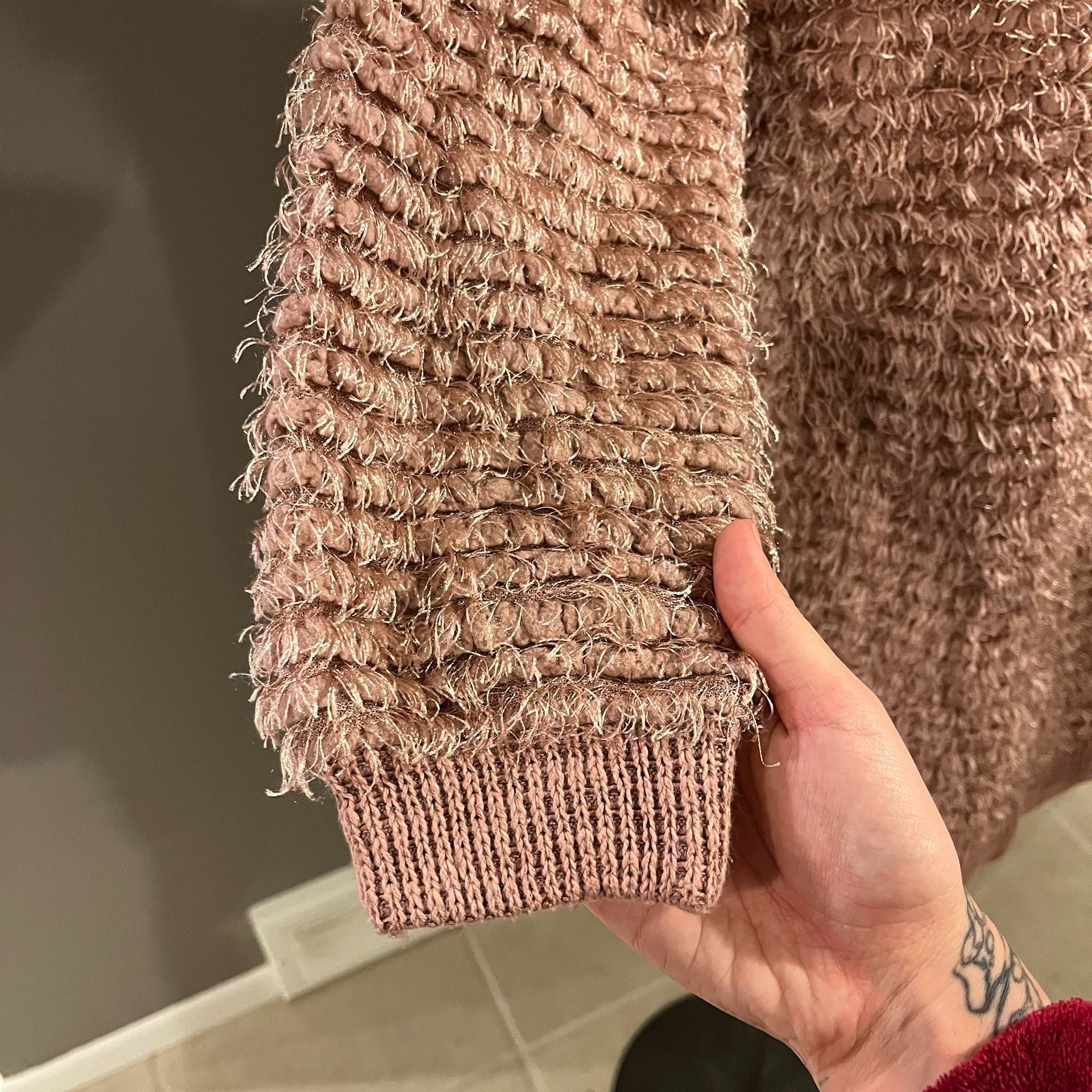 Knox Rose Open Front Fuzzy Cardigan Size S Pink Shaggy Pockets Sweater 10