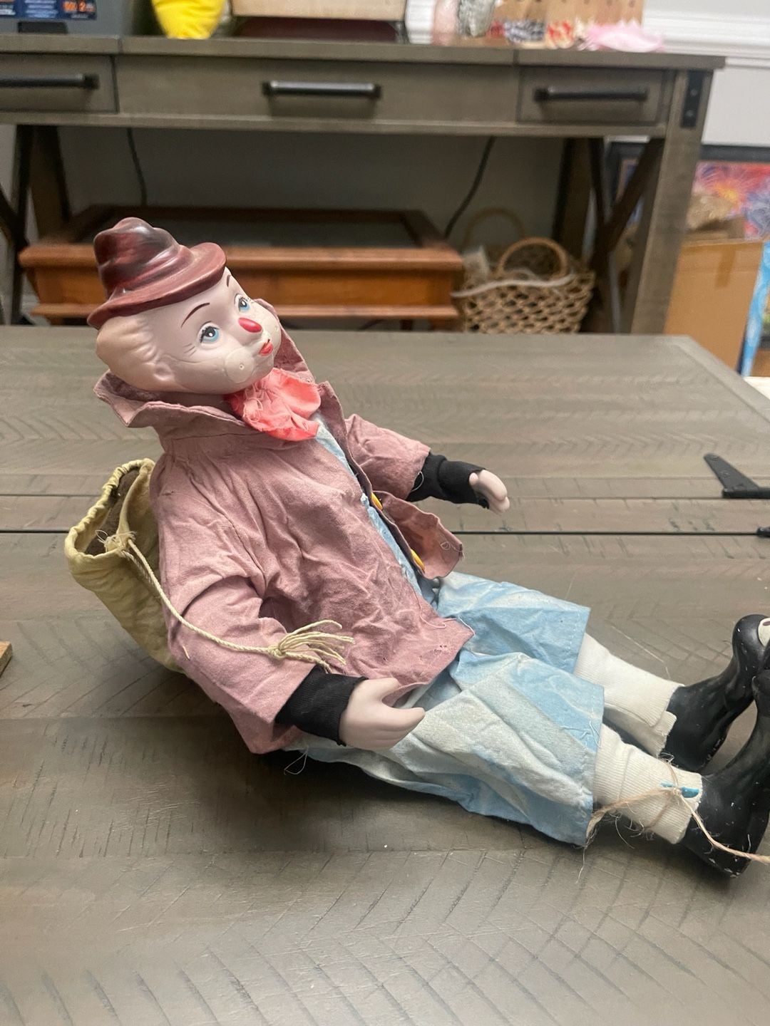 Vintage Porcelain Clown Doll with Pink Jacket and Top Hat 7