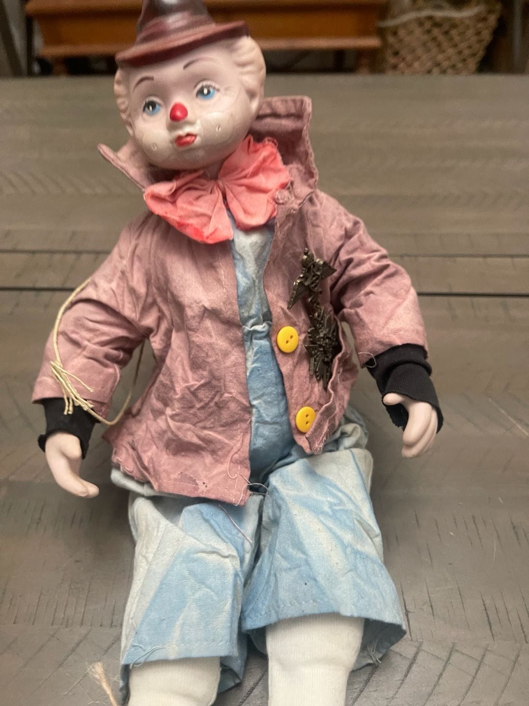 Vintage Porcelain Clown Doll with Pink Jacket and Top Hat 8