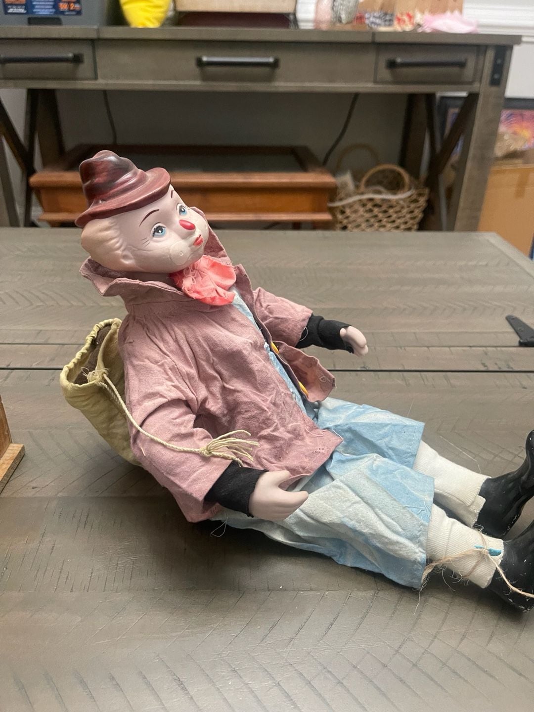 Vintage Porcelain Clown Doll with Pink Jacket and Top Hat 10
