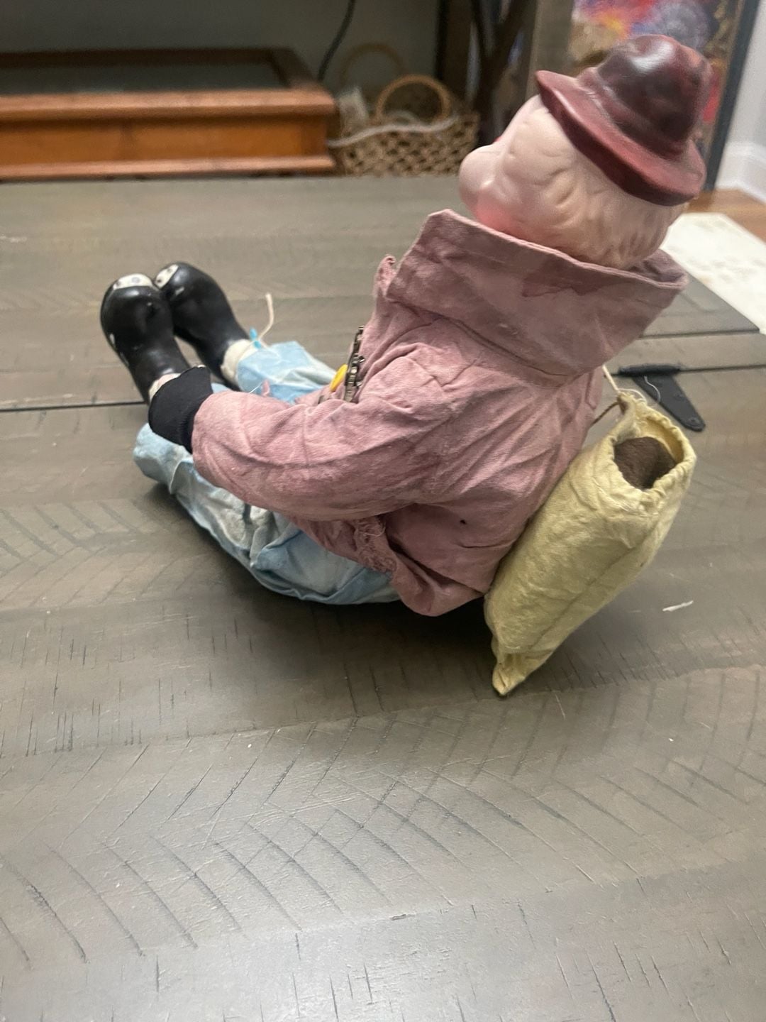 Vintage Porcelain Clown Doll with Pink Jacket and Top Hat 12
