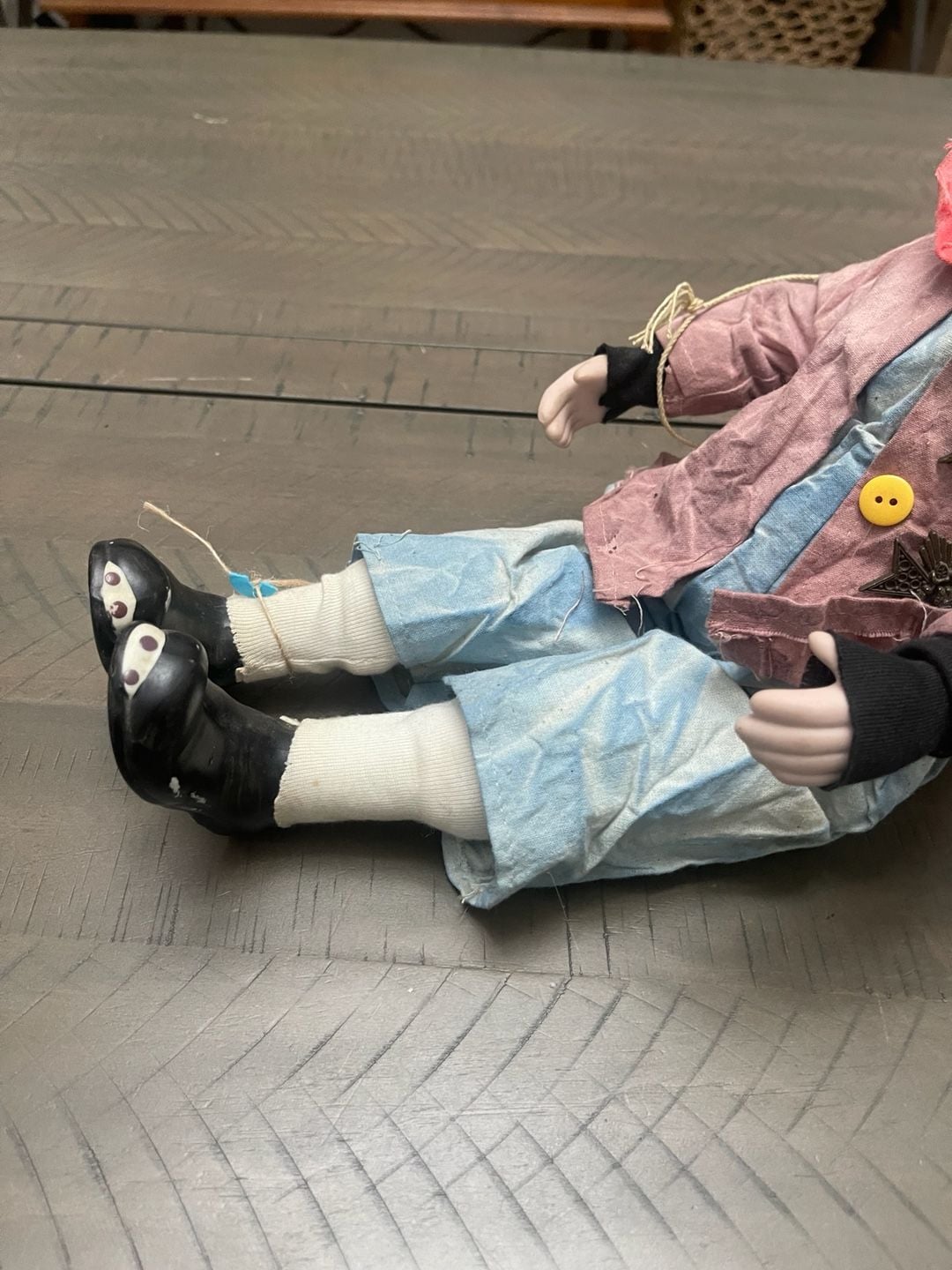 Vintage Porcelain Clown Doll with Pink Jacket and Top Hat 14