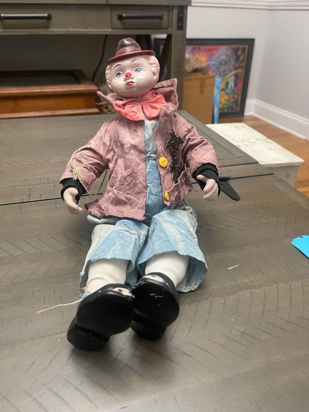 Vintage Porcelain Clown Doll with Pink Jacket and Top Hat 16