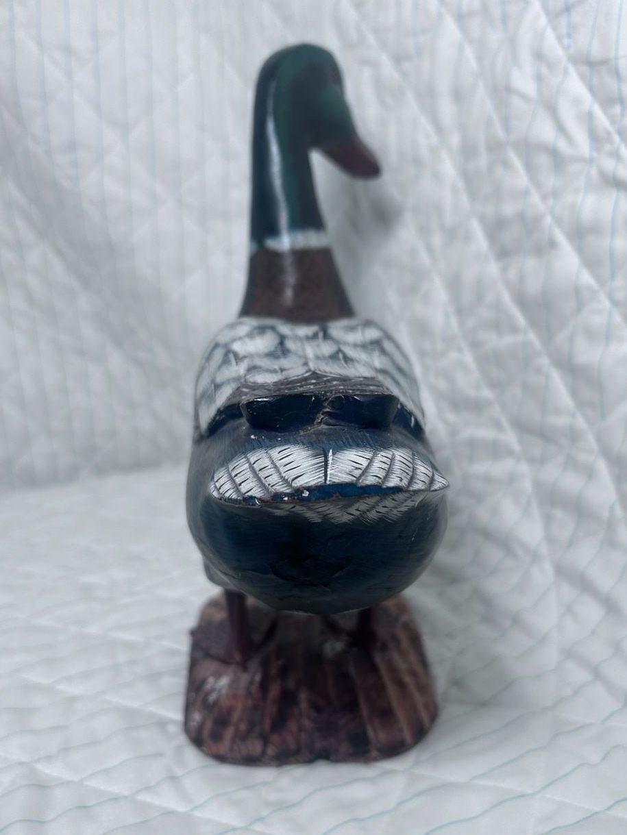 Hand Carved Wooden Mallard Duck Figurine Decoy Hand Painted Glass Eyes 5