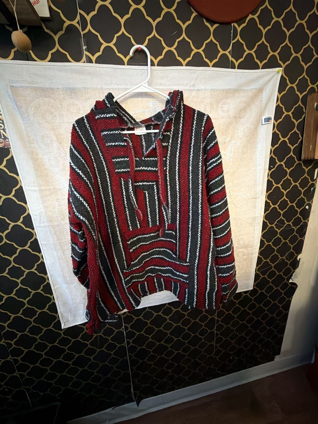 Baja Hoodie Jerga Pullover Poncho Red Black Striped Medium 2