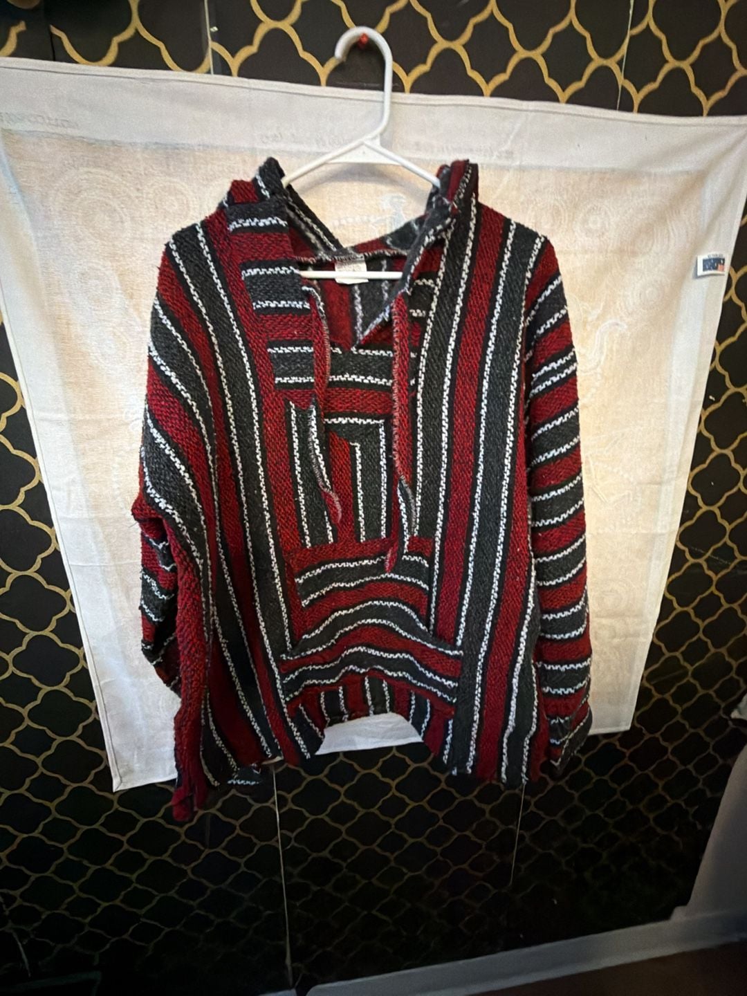 Baja Hoodie Jerga Pullover Poncho Red Black Striped Medium 3