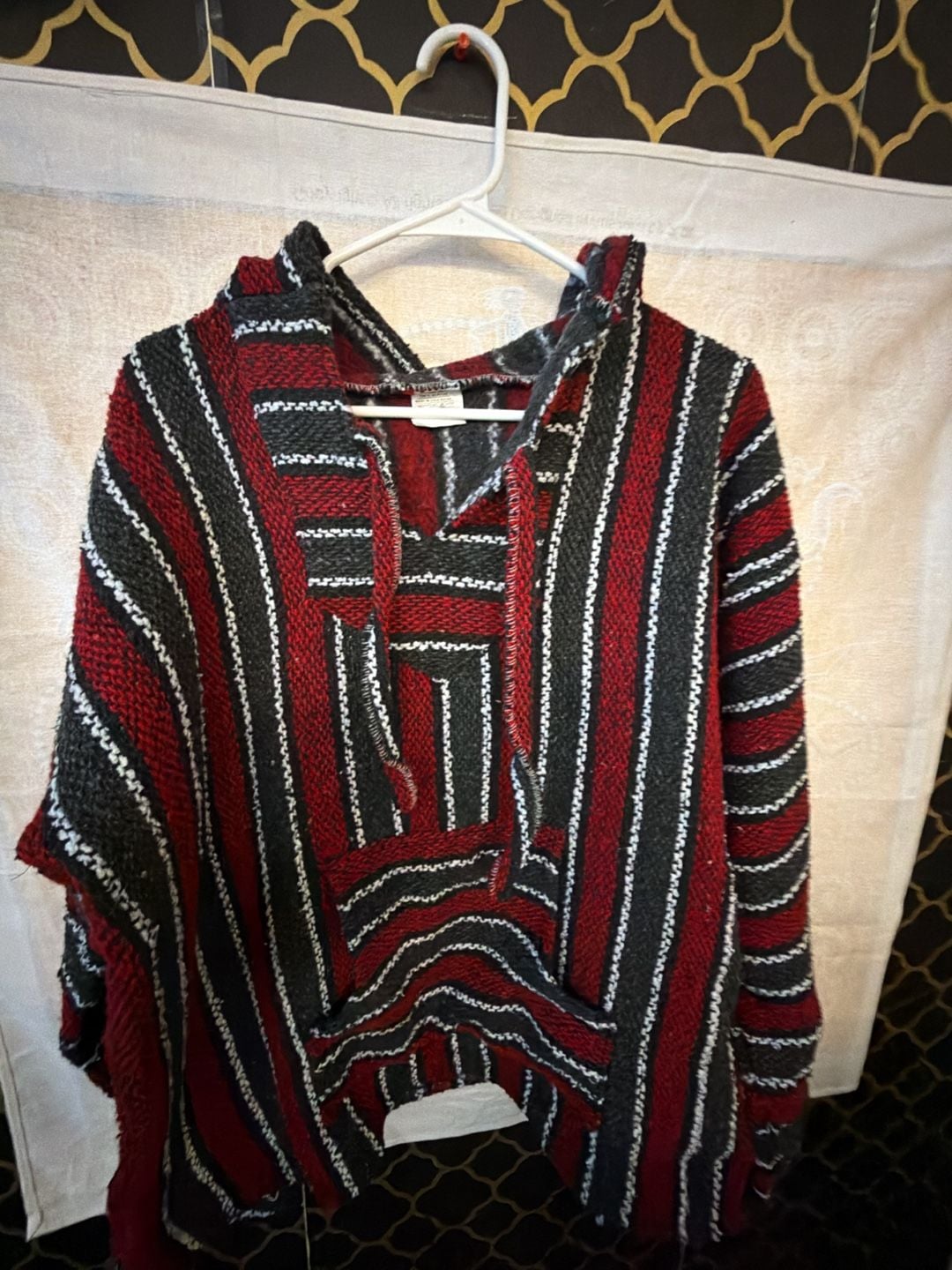 Baja Hoodie Jerga Pullover Poncho Red Black Striped Medium 4