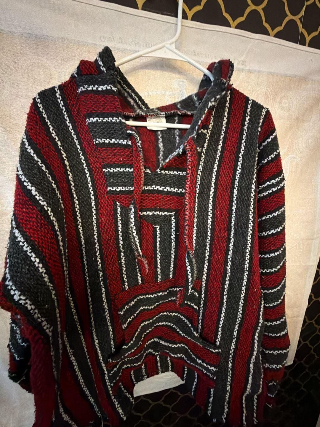 Baja Hoodie Jerga Pullover Poncho Red Black Striped Medium 5