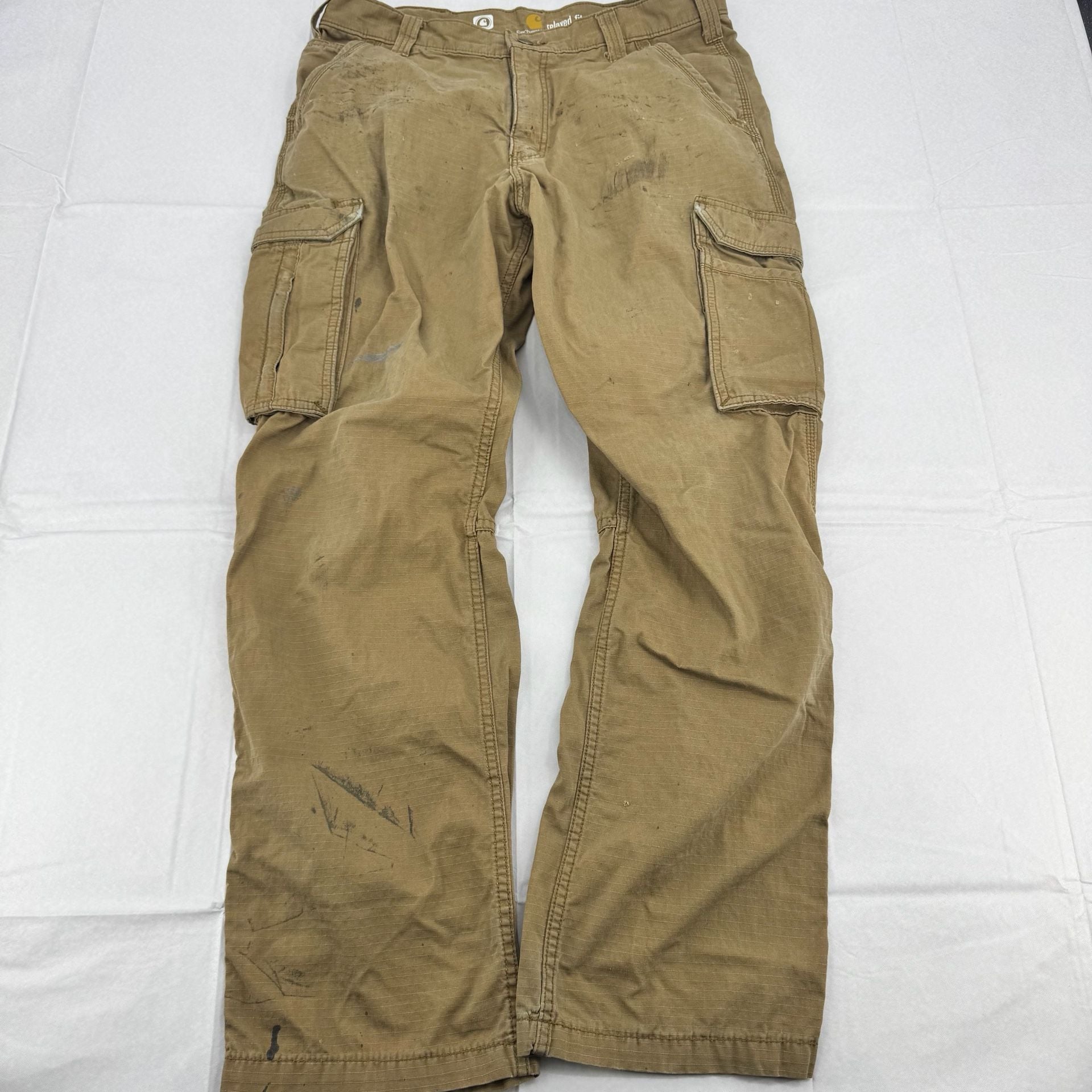 Heavy Distressed Carhartt Force Relaxed Fit Cargo Pants Size 34x32 Brown 2