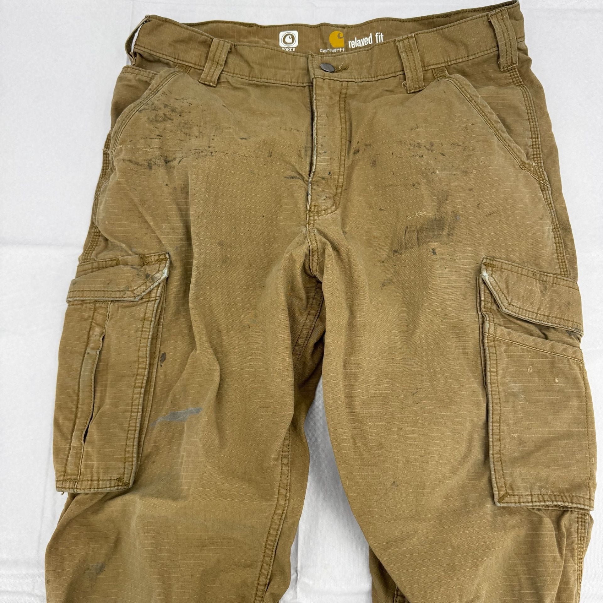 Heavy Distressed Carhartt Force Relaxed Fit Cargo Pants Size 34x32 Brown 3