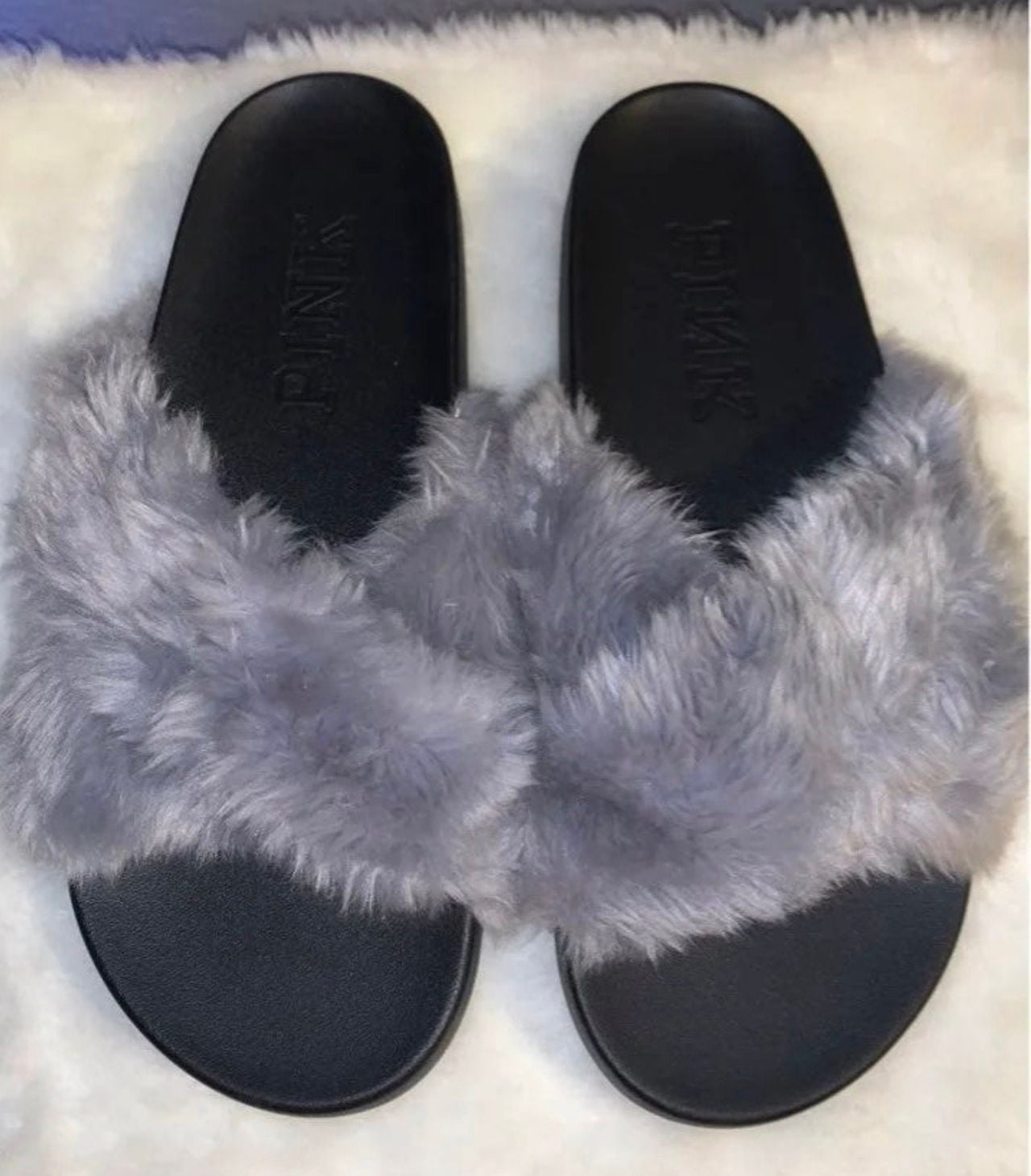Victoria's Secret Pink Faux Fur Criss Cross Slides Gray 2