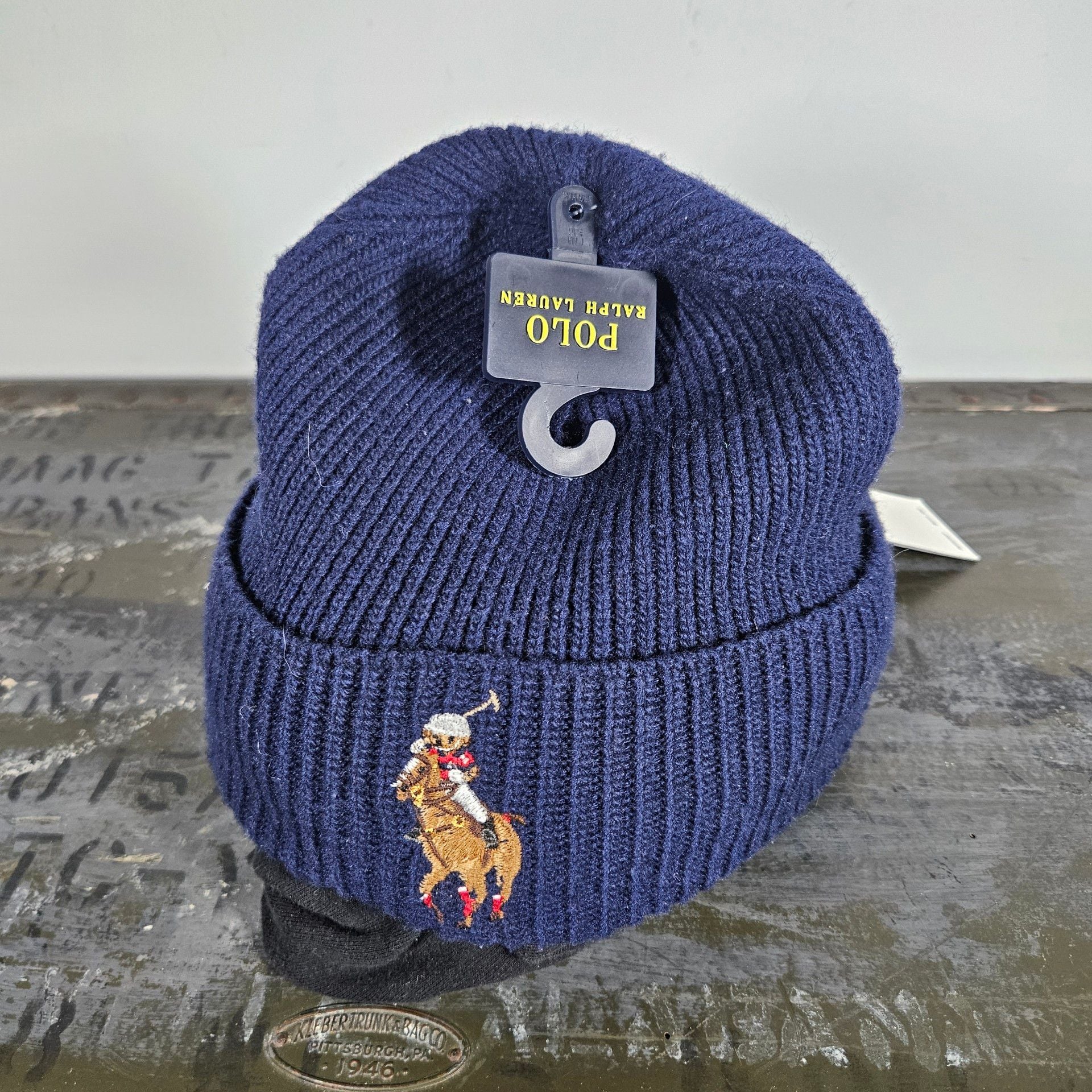 Polo Ralph Lauren Riding Bear Beanie O/S Navy Blue Ribbed Hat 2