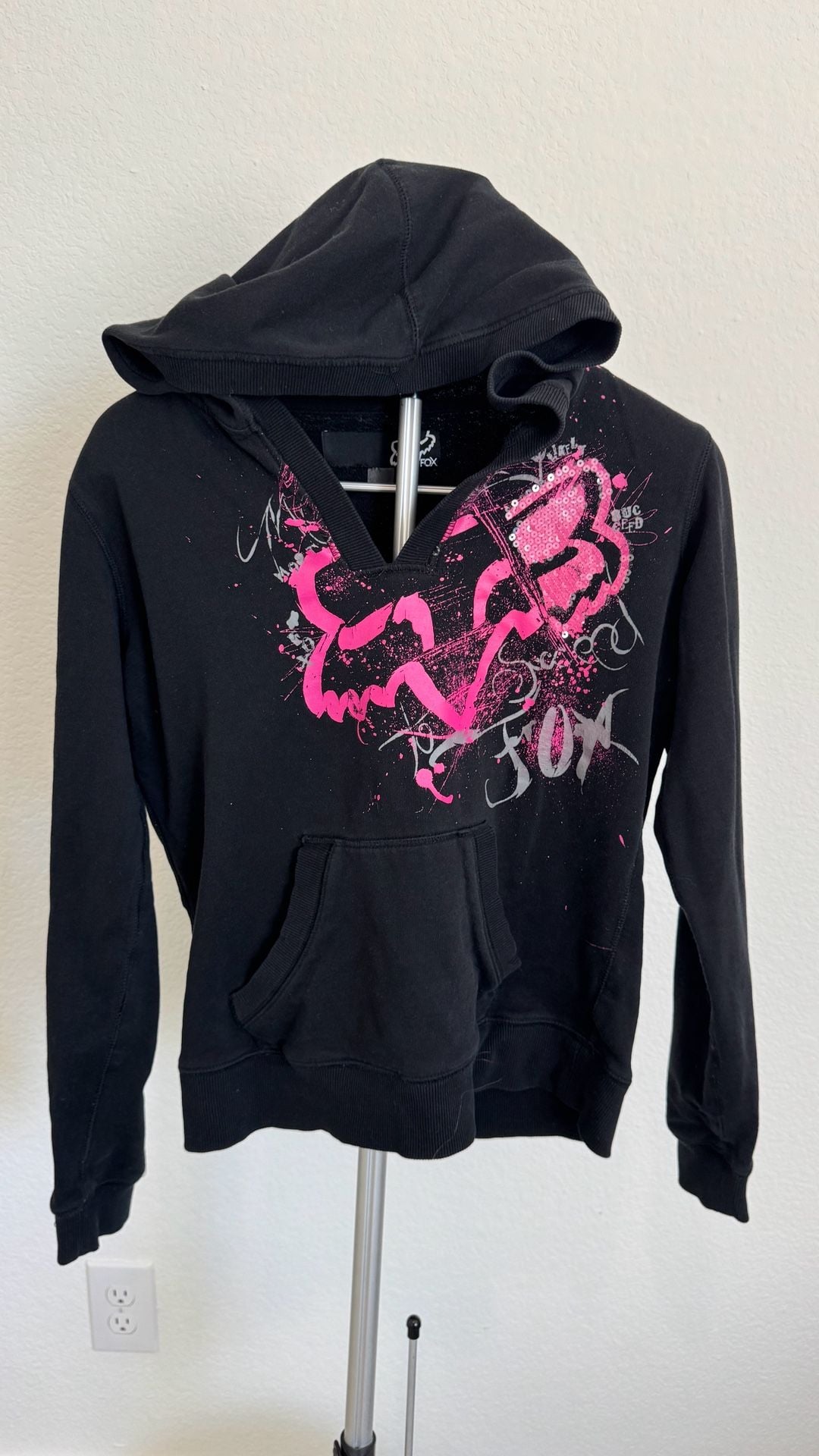 Fox Racing V-Neck Hoodie Black Pink Y2K Graphic Pullover 2