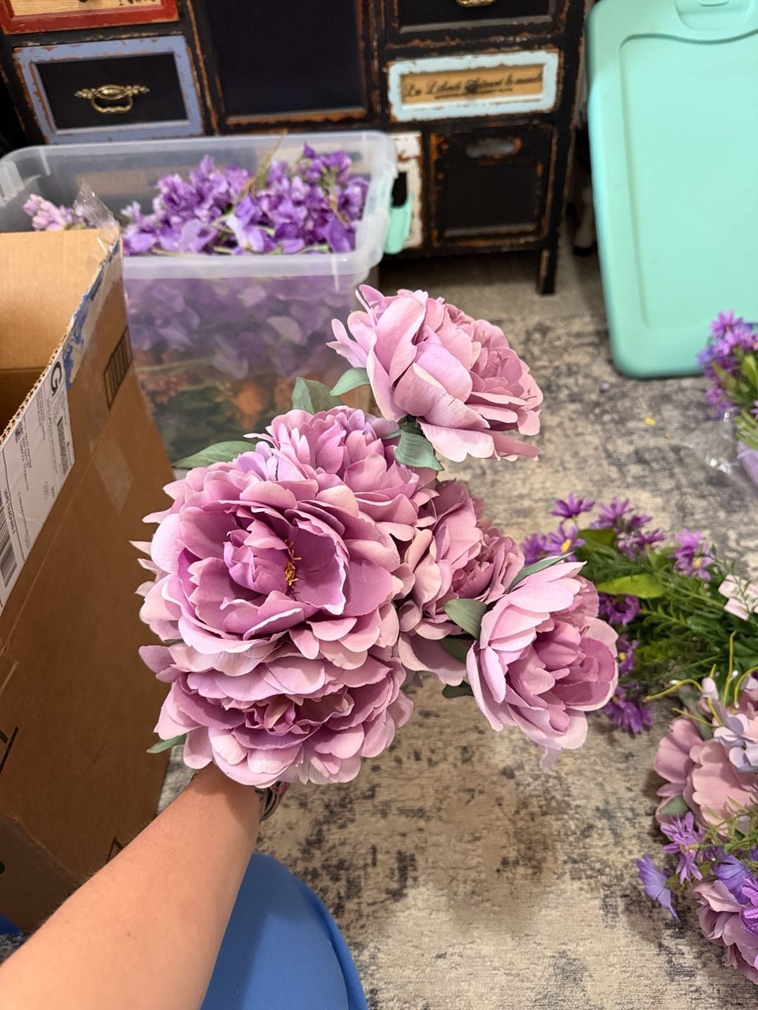 Artificial Purple Flower Lot Peonies Tulips Daisies Wisteria Bundle 3
