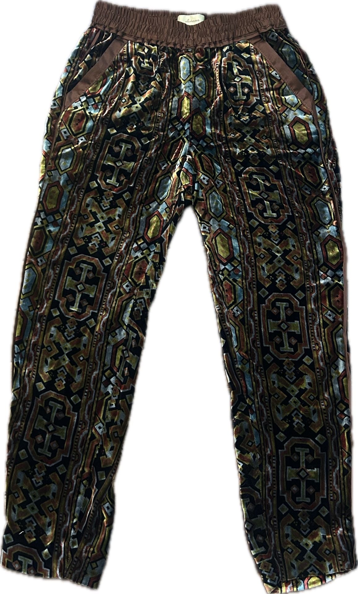 Anthropologie Elevenses Velvet Geometric Print Pants Boho Maximalist XS NWOT 2