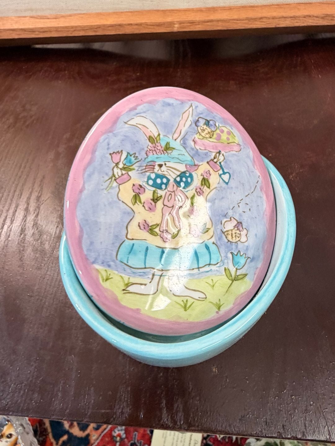 Hausenware Ceramic Easter Bunny Trinket Box Oval Blue Pink Spring Decor 7