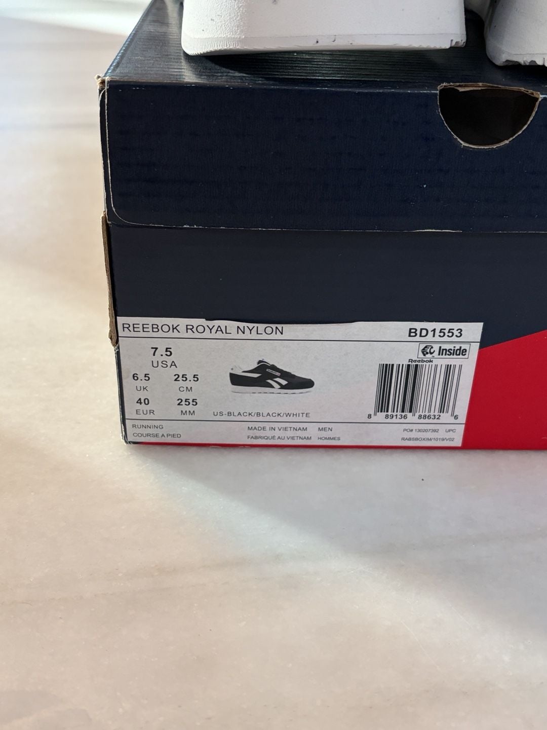 Reebok Royal Nylon Size 7.5 Black White Sneakers Shoes BD1553 7