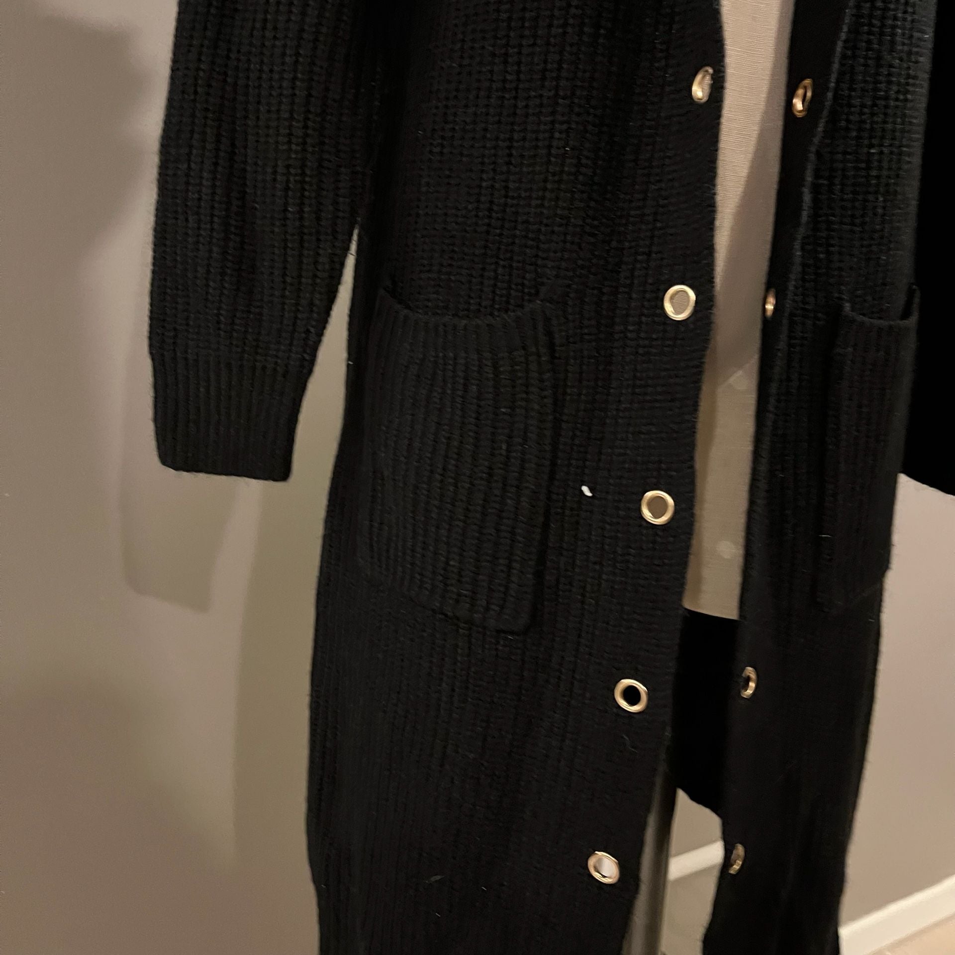 Venus Women’s Medium Black Long Cardigan Sweater with Gold Eyelets and Hood  7