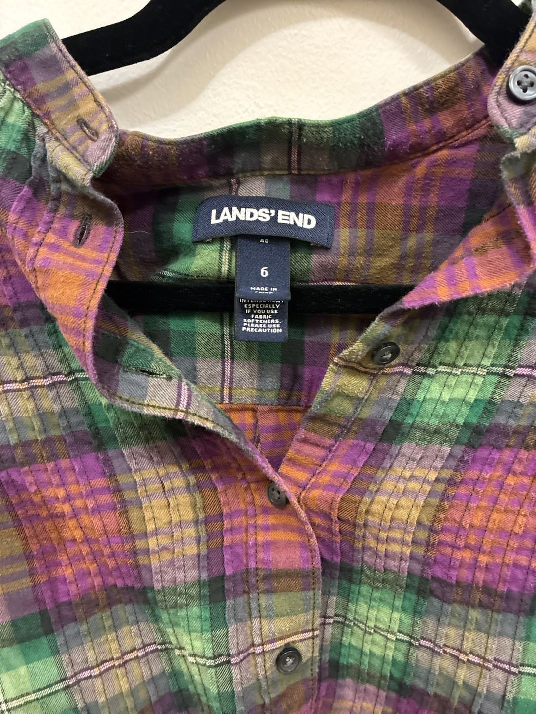 Lands' End Plaid Flannel Shirt Size 6 Green Purple Long Sleeve 3