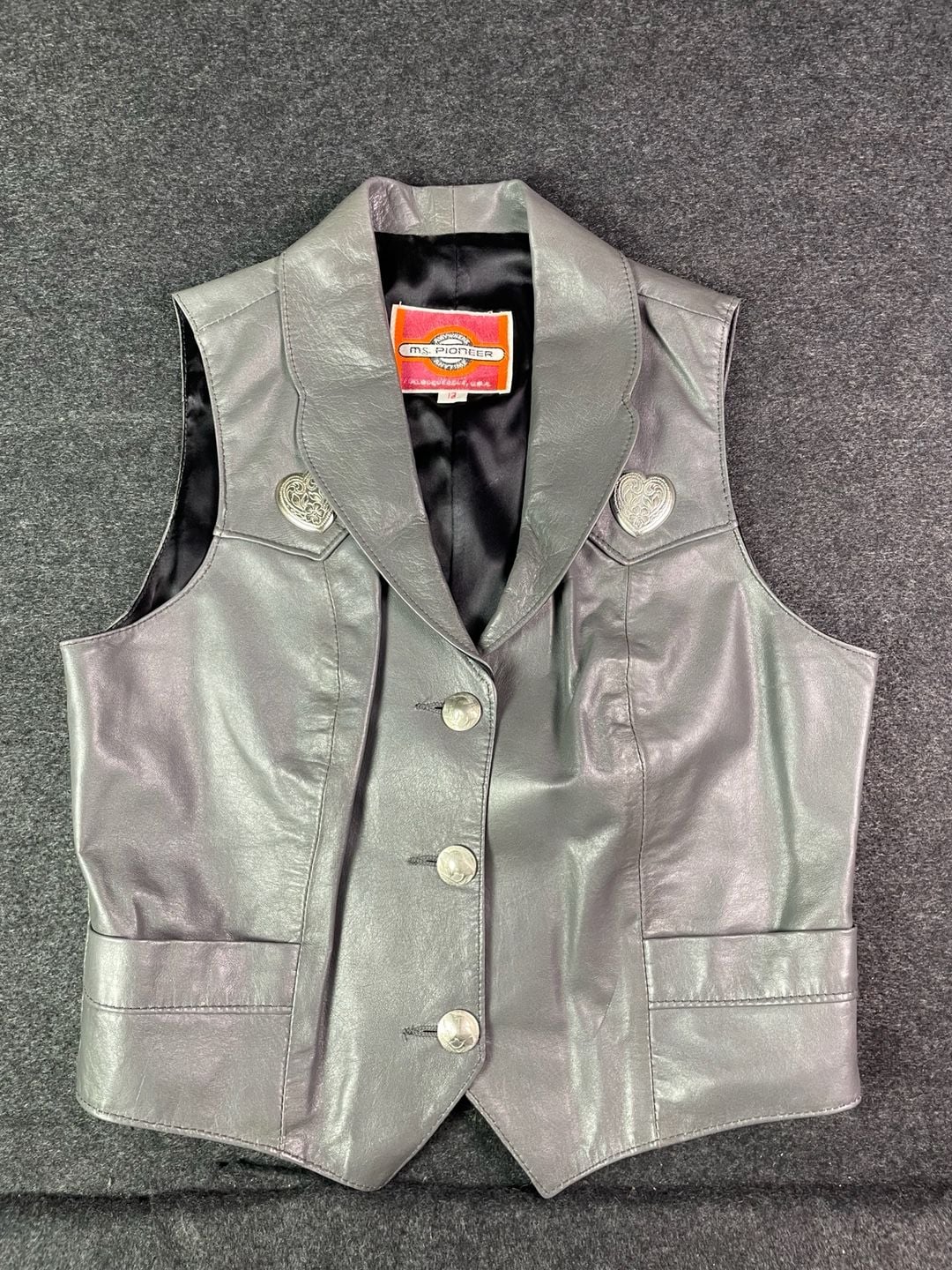 Ms. Pioneer Leather Vest Size 12 Gray Western Heart Conchos 2