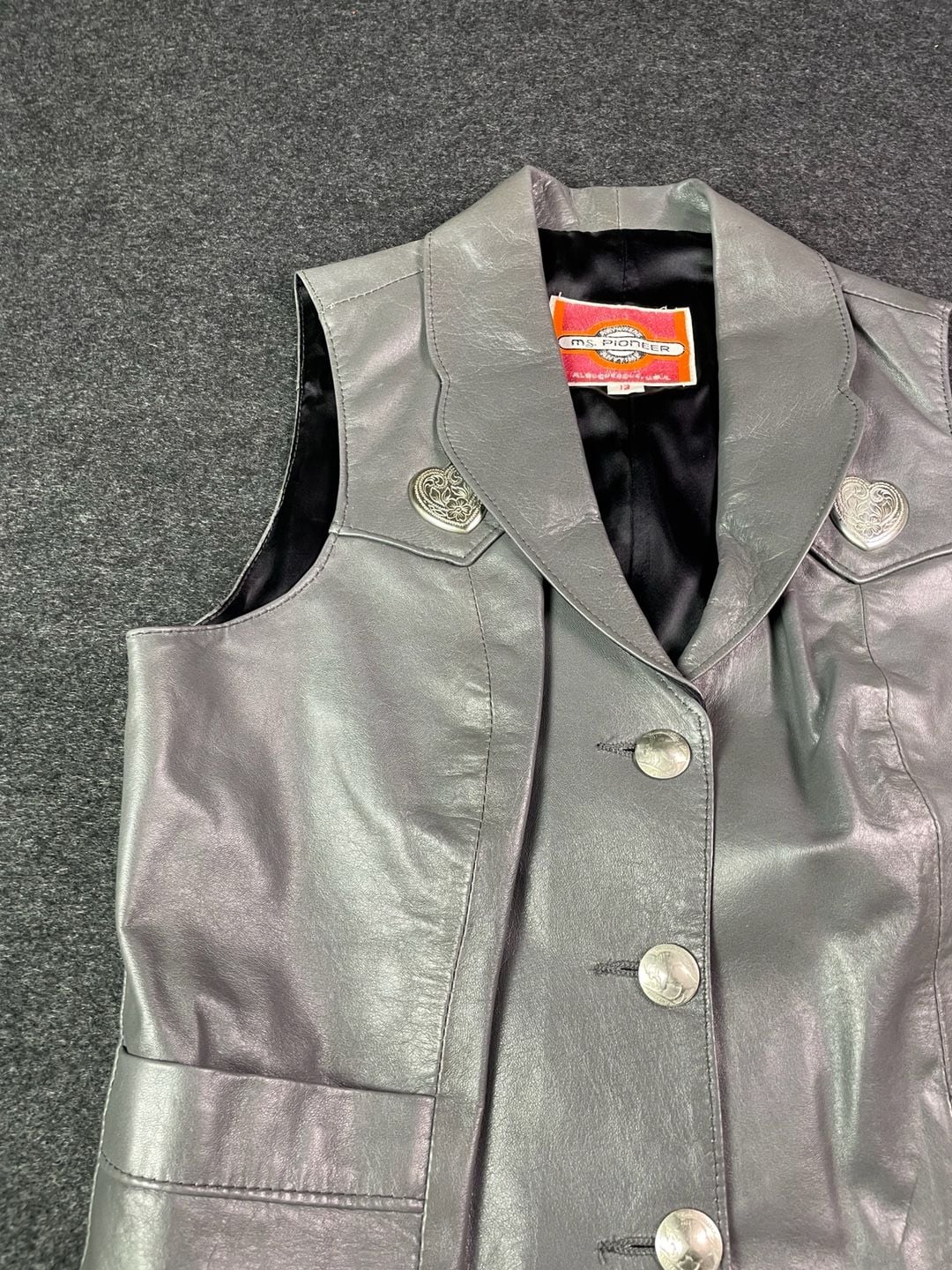 Ms. Pioneer Leather Vest Size 12 Gray Western Heart Conchos 6