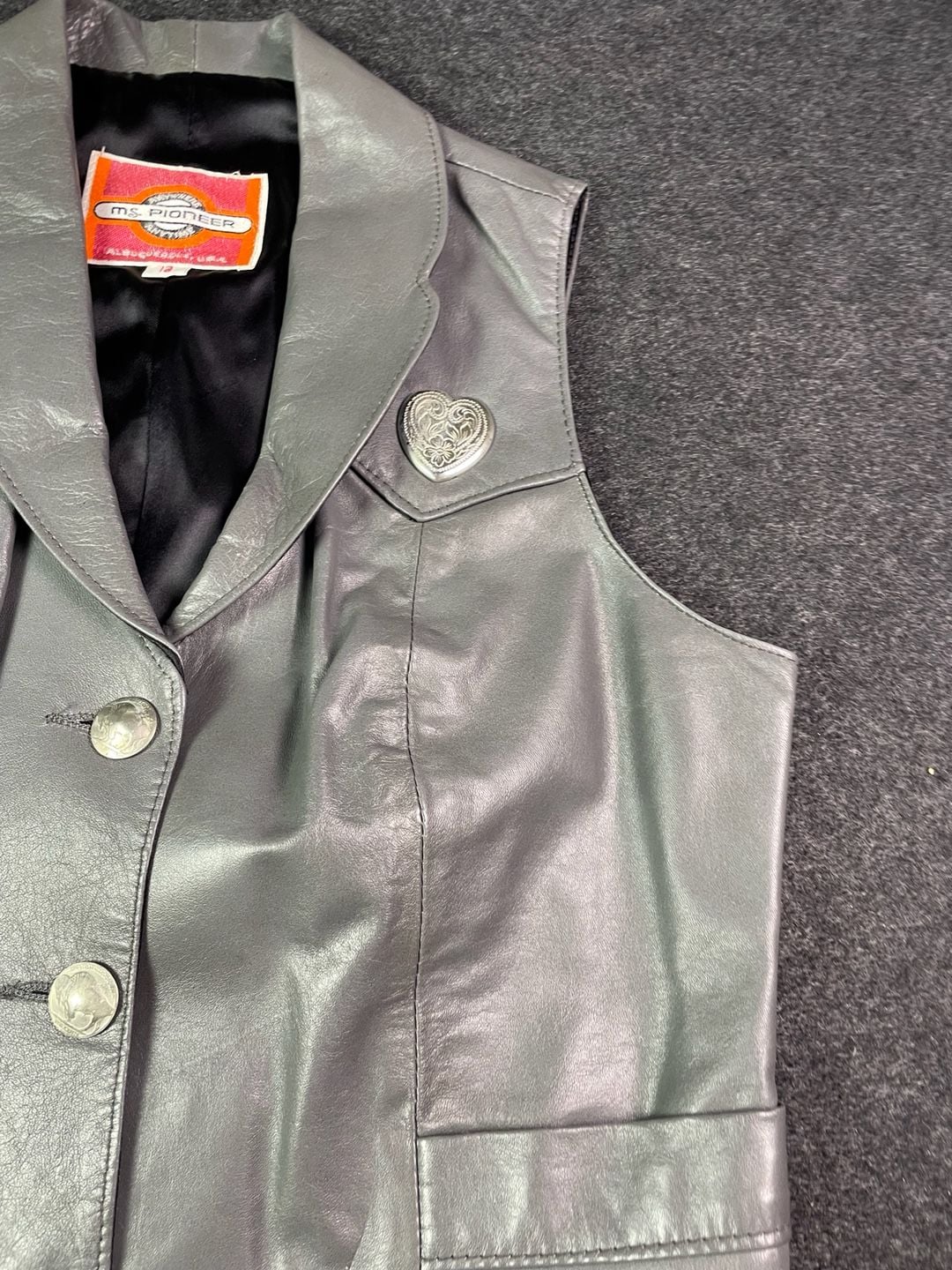 Ms. Pioneer Leather Vest Size 12 Gray Western Heart Conchos 7