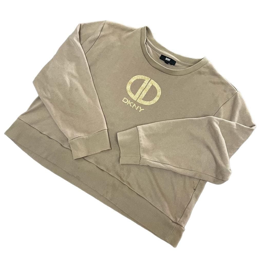 DKNY Logo Sweatshirt Size XL Tan Gold Glitter Crewneck Pullover Womens 2