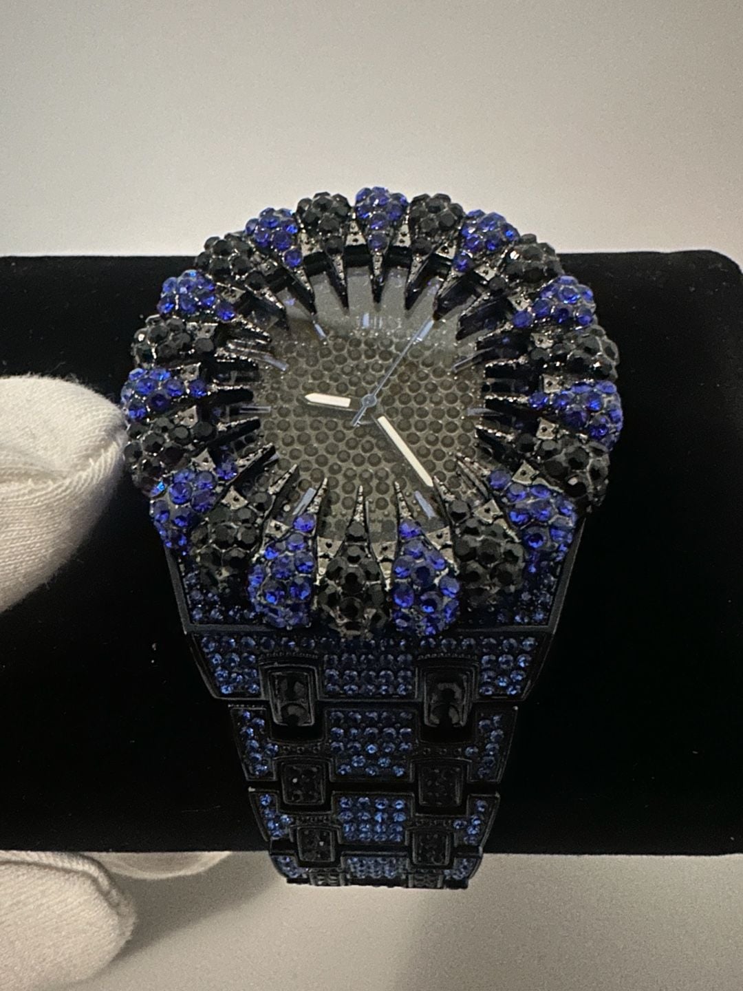 Black & Blue Iced Out Rhinestone Fashion Watch – Sunburst Bezel 3