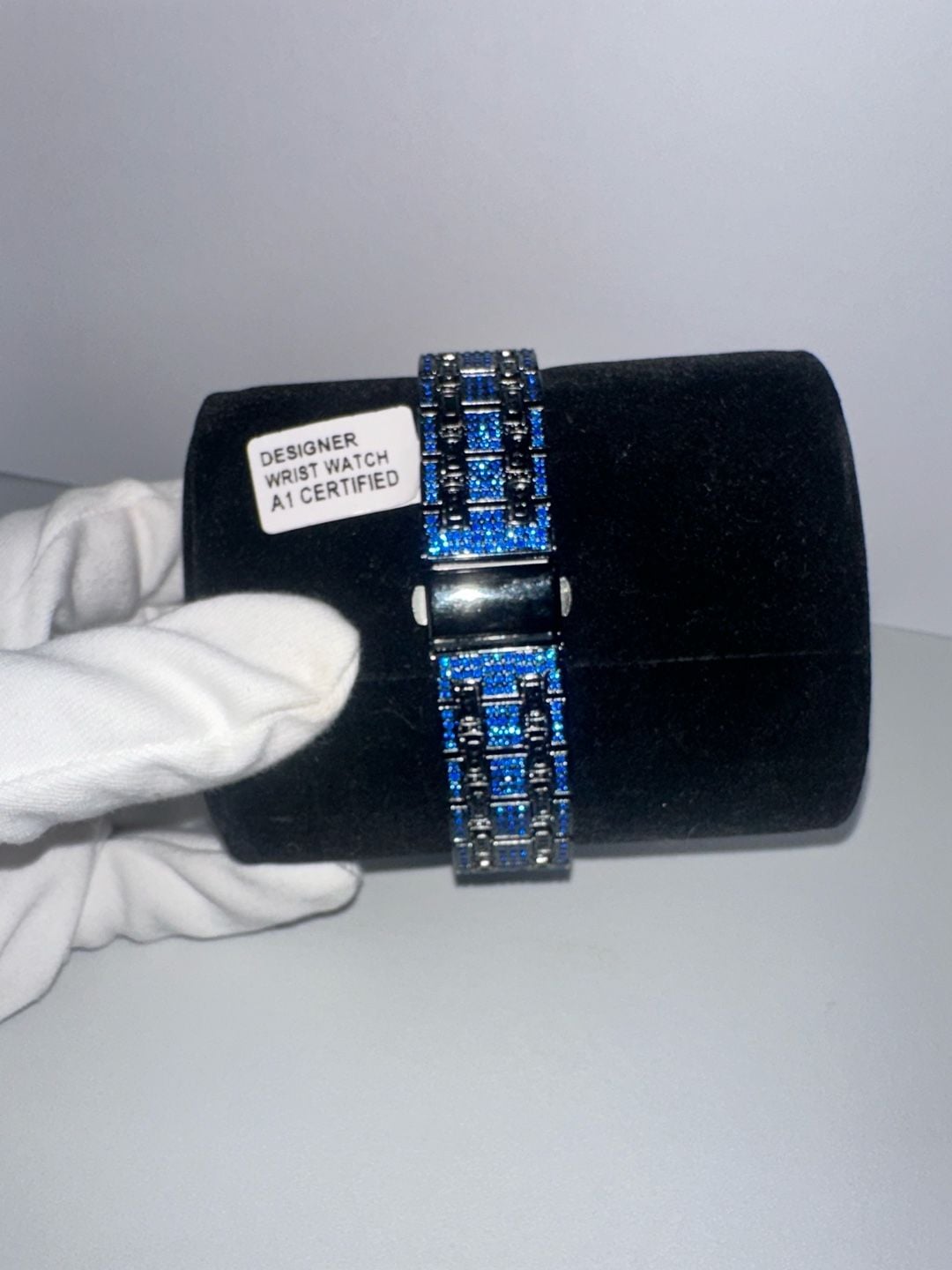 Black & Blue Iced Out Rhinestone Fashion Watch – Sunburst Bezel 4