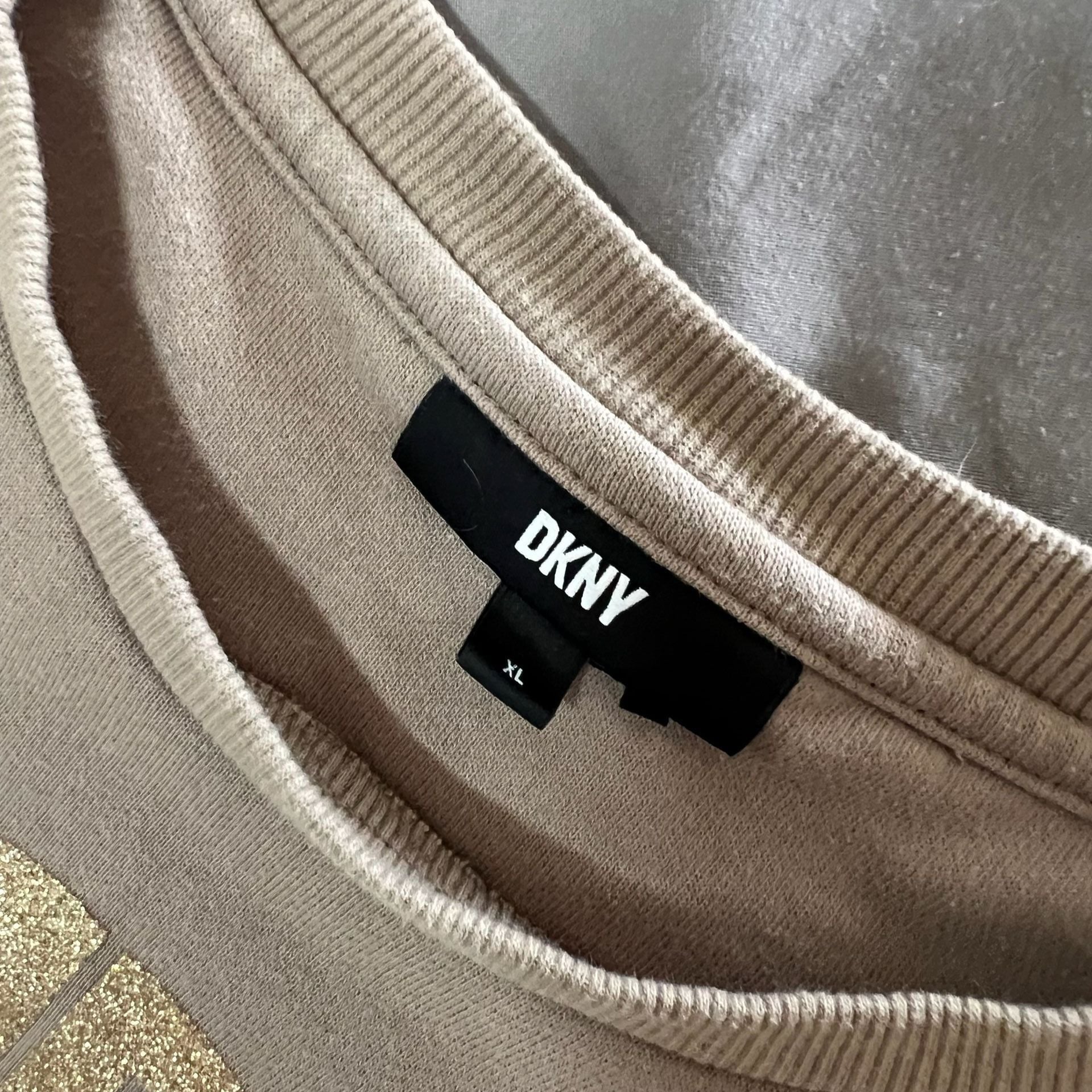 DKNY Logo Sweatshirt Size XL Tan Gold Glitter Crewneck Pullover Womens 5