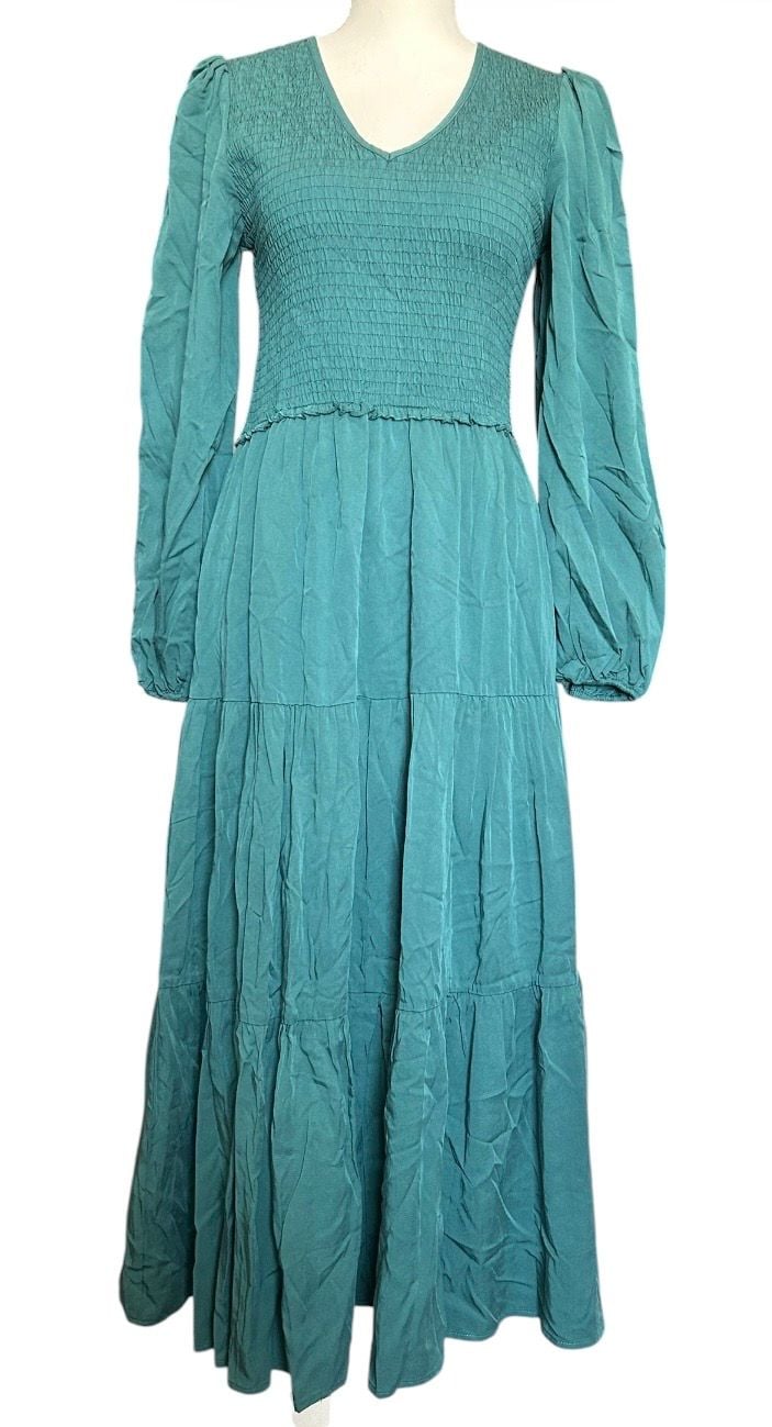 Bohme Dress Casual Long Sleeve V Neck Elastic Waist Lightweight Maxi Dark Teal 2
