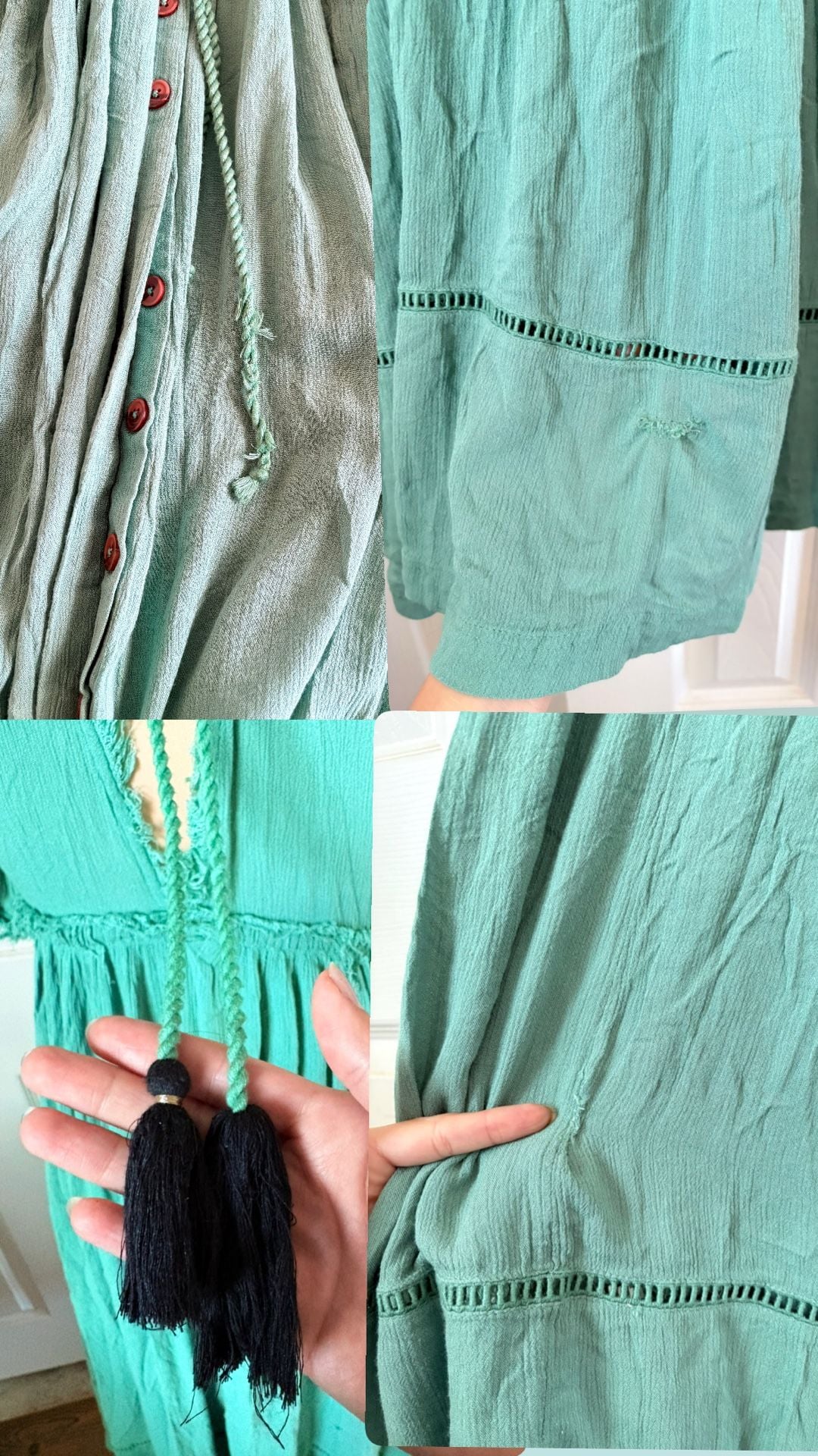 Free People Beach Comber Dress Emerald Green Embroidered Midi Boho 10