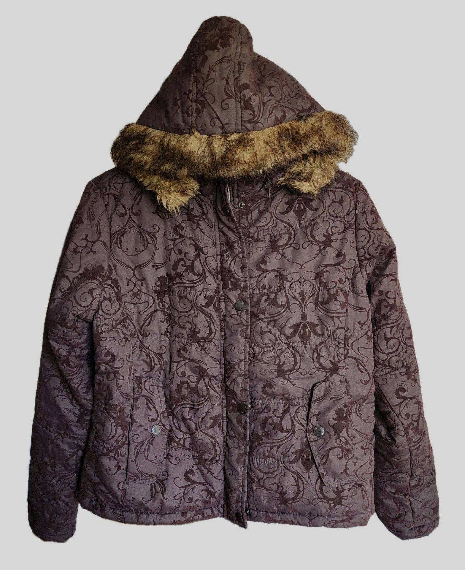 X-Five Basic Puffer Jacket XL Brown Paisley Faux Fur Hood Winter 2