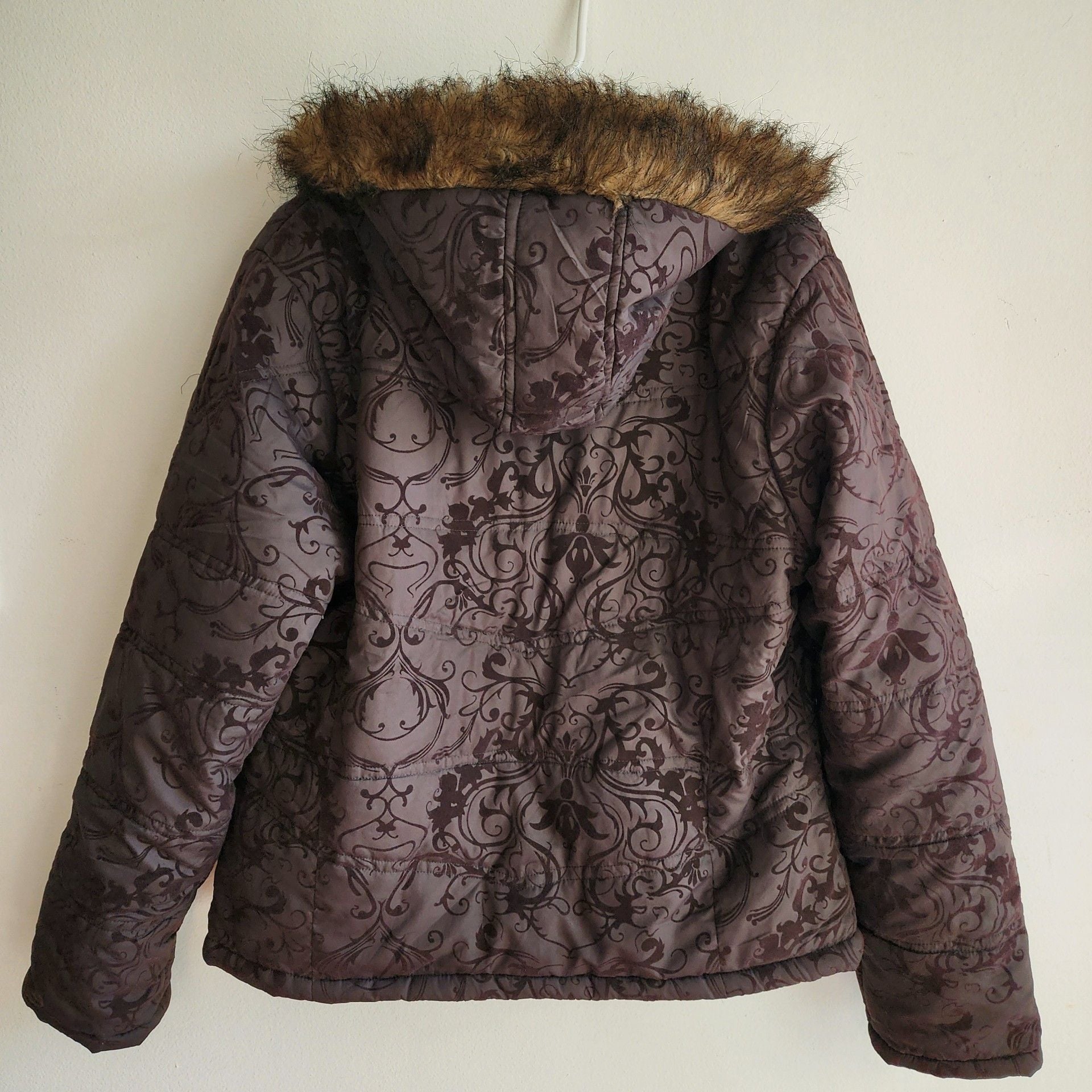 X-Five Basic Puffer Jacket XL Brown Paisley Faux Fur Hood Winter 3