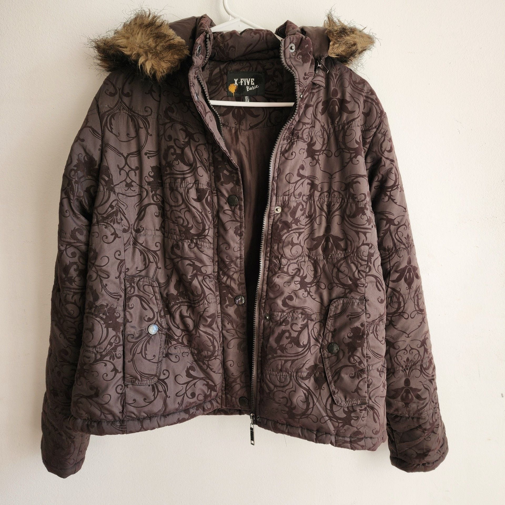 X-Five Basic Puffer Jacket XL Brown Paisley Faux Fur Hood Winter 4