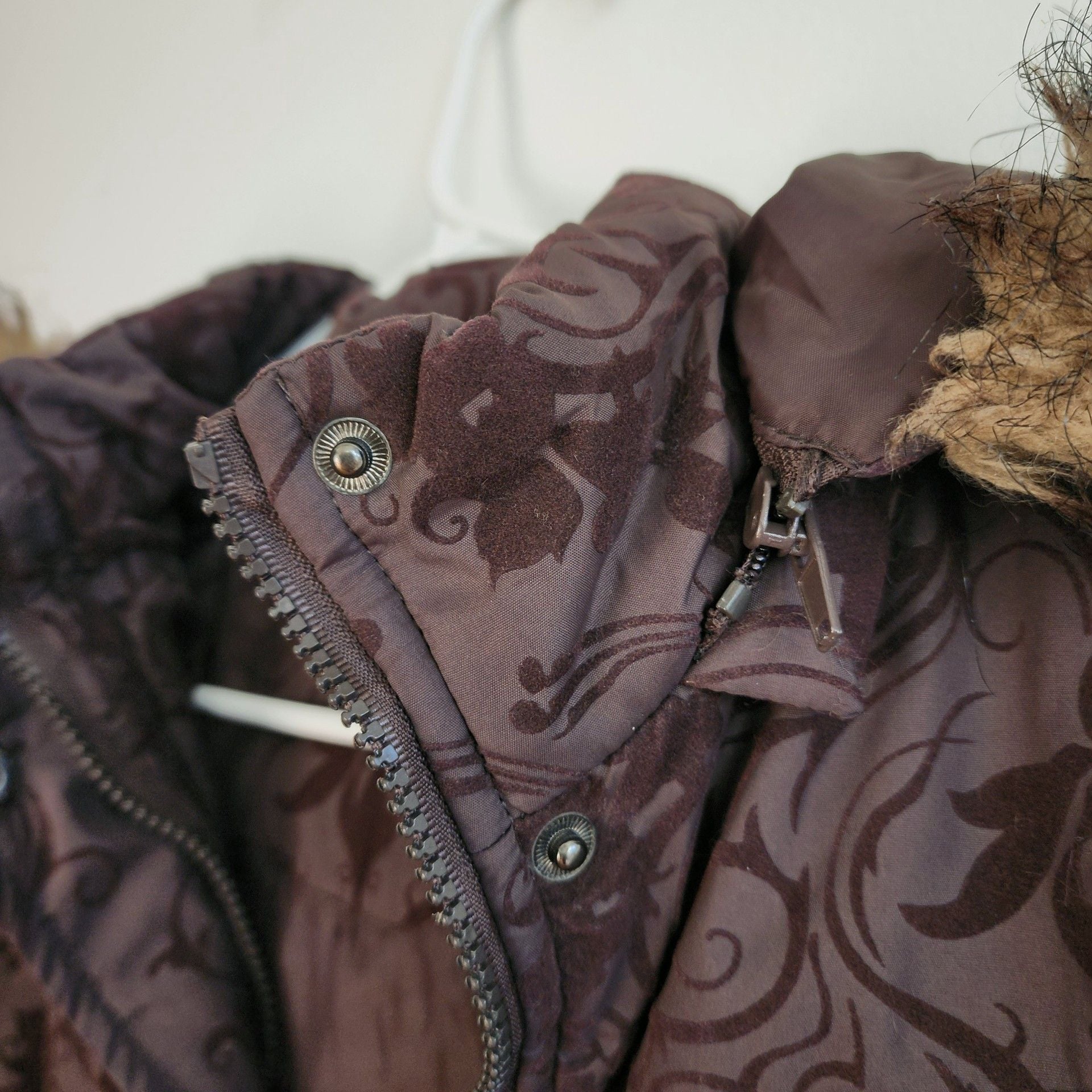 X-Five Basic Puffer Jacket XL Brown Paisley Faux Fur Hood Winter 6
