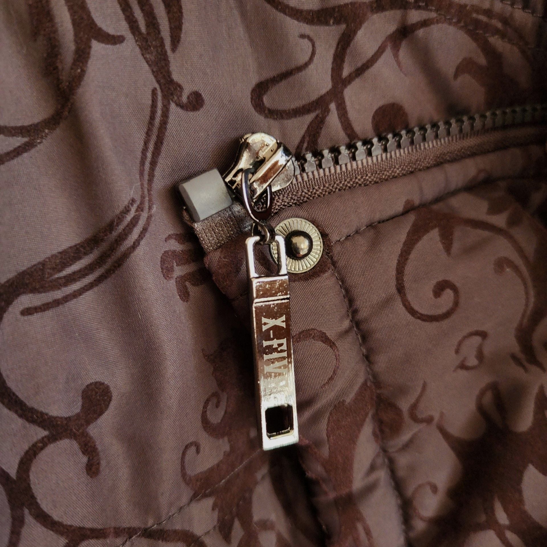X-Five Basic Puffer Jacket XL Brown Paisley Faux Fur Hood Winter 7